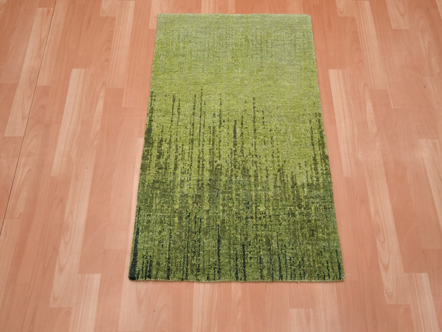 2'1"x3'2" Pickle Green, Vertical Ombre Design, Hand Knotted, Soft and Vibrant Wool, Densely Woven, Mat, Sample, Oriental Rug HR75862 - Image 2