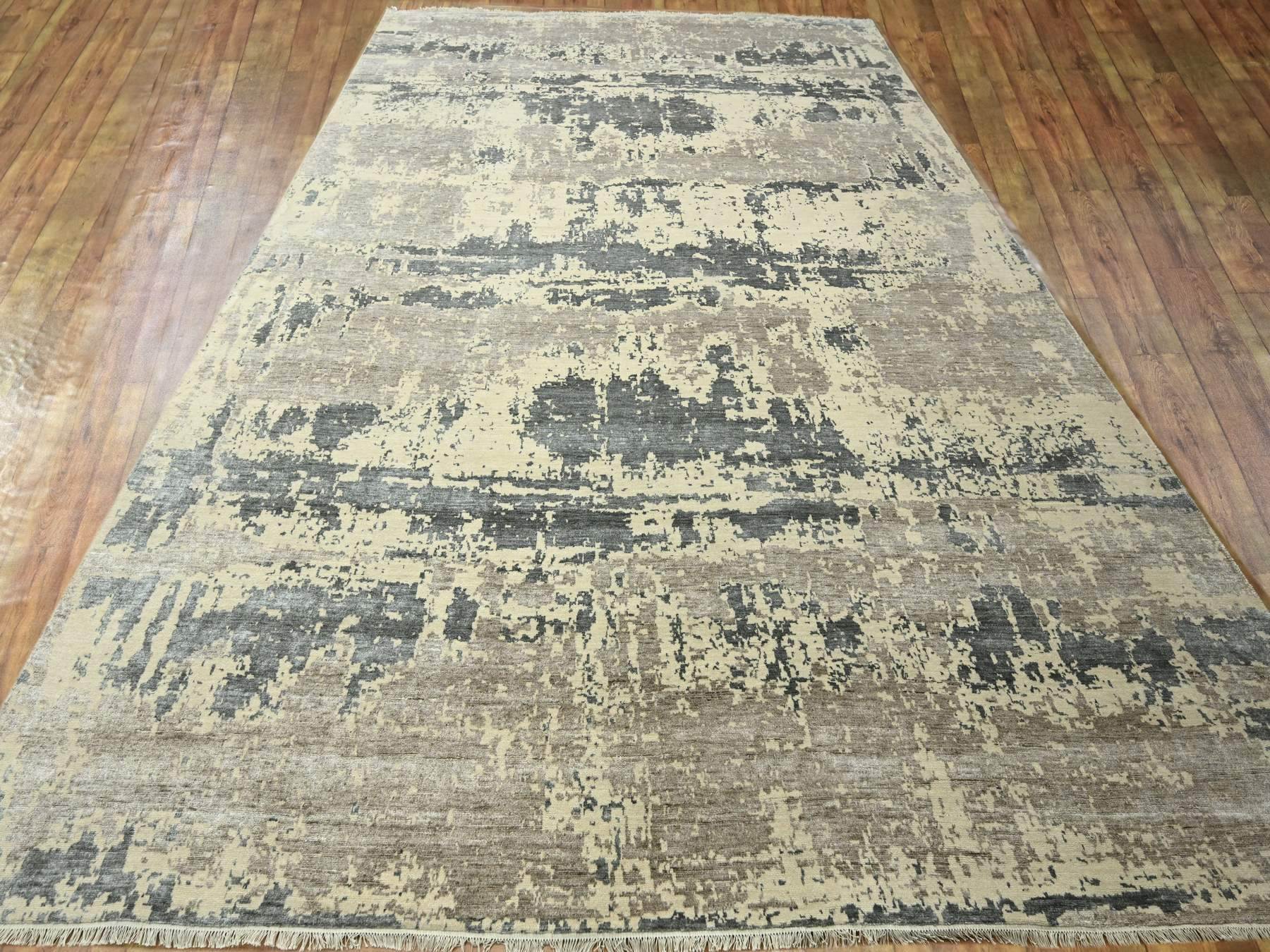 11'10"x15' Charcoal Gray & Beige, Modern Abstract Design with Natural Colors, Wool and Silk, Hand Knotted, Oversized, Oriental Rug HR76331 - Image 2