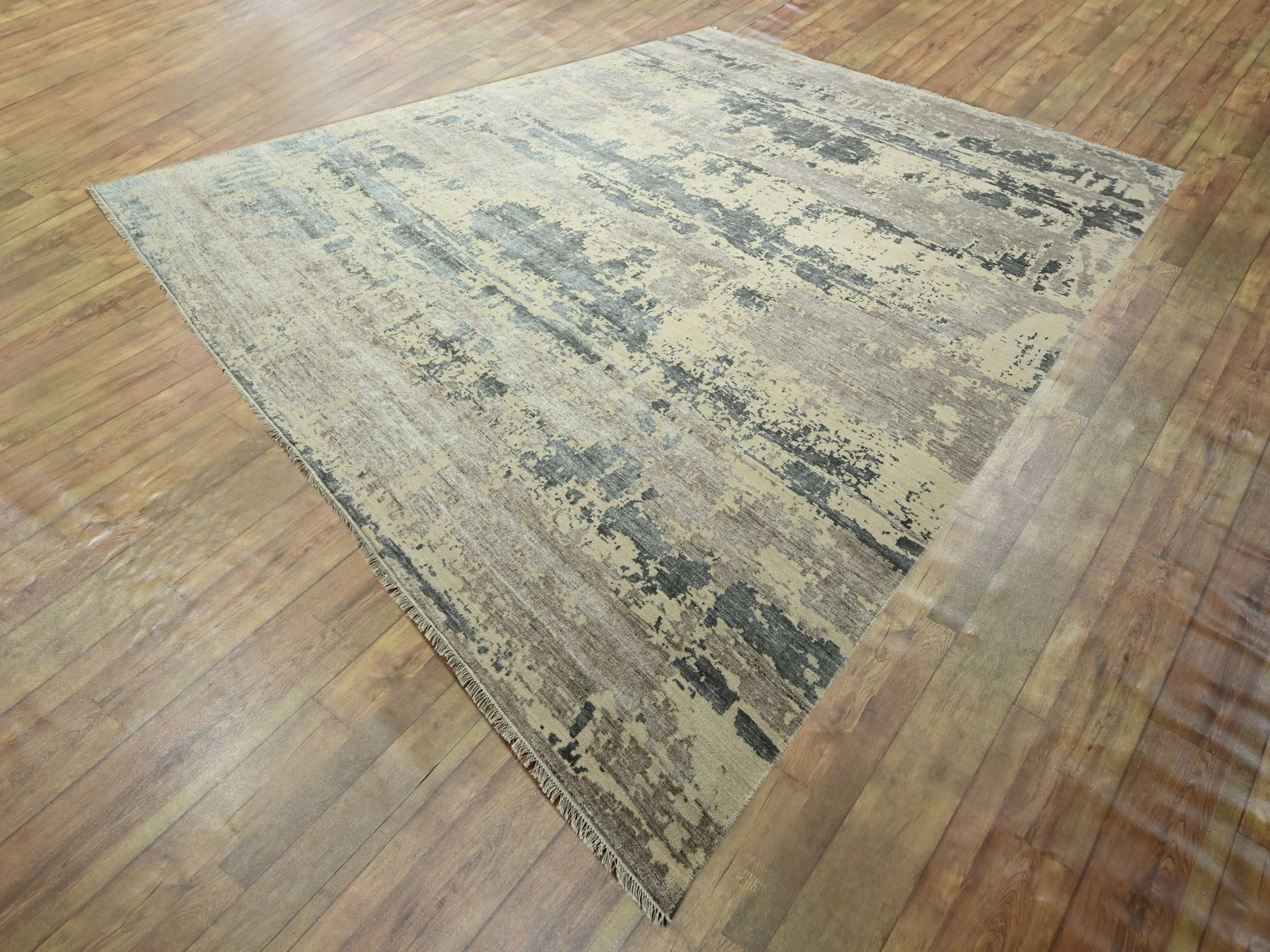 11'10"x15' Charcoal Gray & Beige, Modern Abstract Design with Natural Colors, Wool and Silk, Hand Knotted, Oversized, Oriental Rug HR76331 - Image 3
