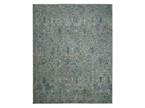 12'2"x15'3" Viridian Green, Trellis Borderless Garden Design, Agra, Hand Knotted, Hand Spun New Zealand Wool, XL, Oversized, Oriental Rug HR76846