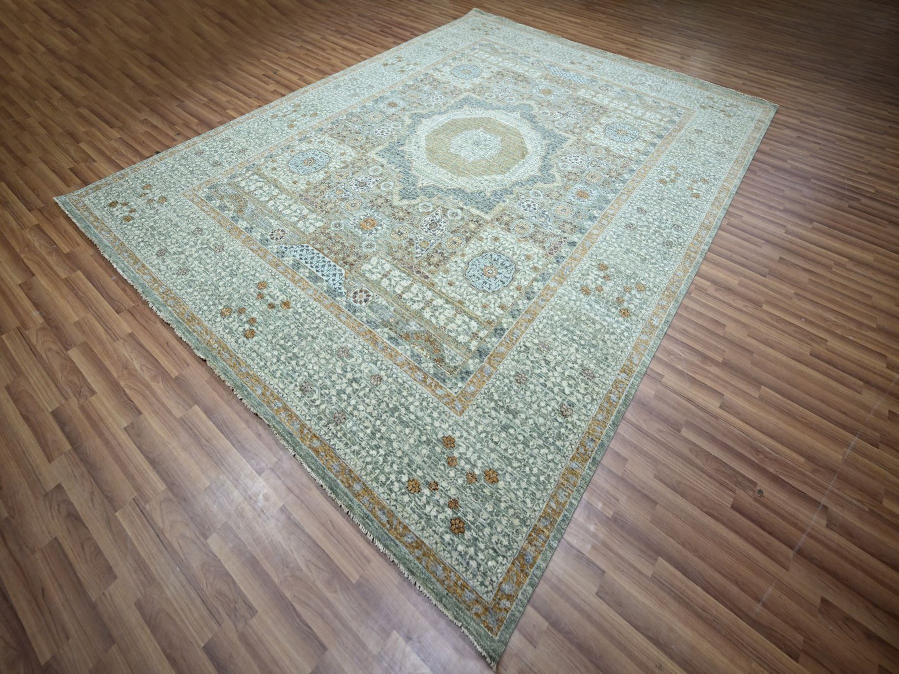 9'x12' Pistachio Green, Hand Knotted, Pre Historic 14th Century Influence, Mamluk Design, Natural Dyes, Pure Wool, Oriental Rug HR76851 - Image 3