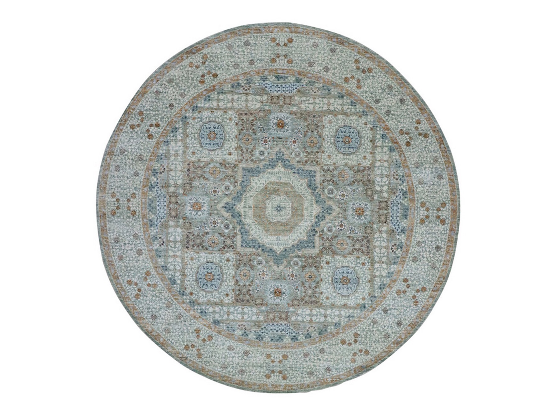 9'9"x9'9" Pistachio Green, Mamluk Design, Pre Historic 14th Century Influence, Natural Dyes, Pure Wool, Hand Knotted, Round, Oriental Rug HR76855