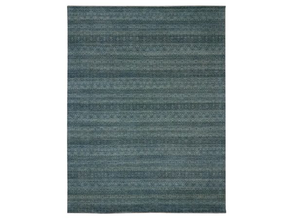 9'1"x12' Ocean Blue, Kohinoor Herat Pattern, Small Geometric Repetitive Diamond Design, Soft Wool, Tone on Tone, Hand Knotted, Oriental Rug HR76856