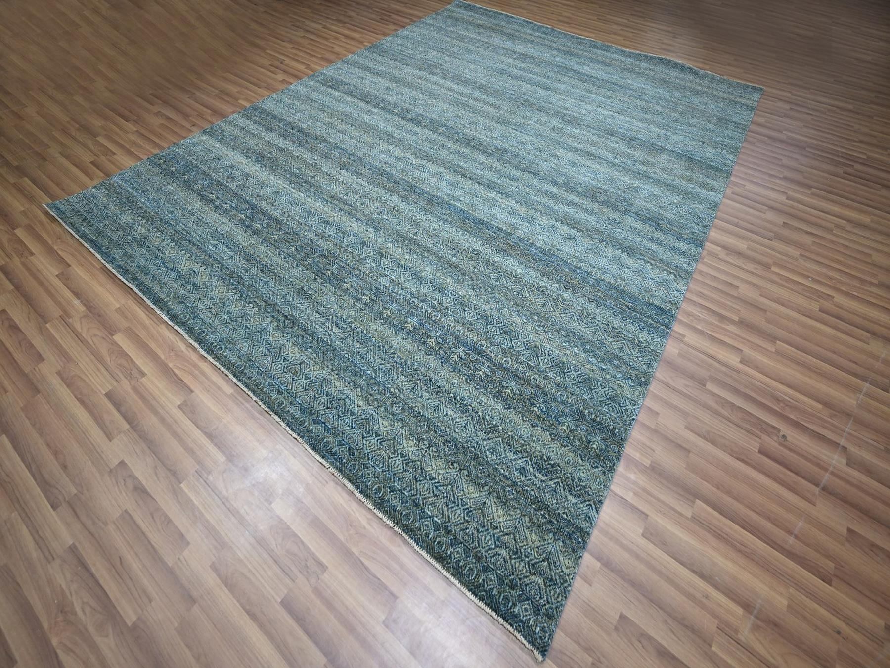 9'1"x12' Ocean Blue, Kohinoor Herat Pattern, Small Geometric Repetitive Diamond Design, Soft Wool, Tone on Tone, Hand Knotted, Oriental Rug HR76856 - Image 3