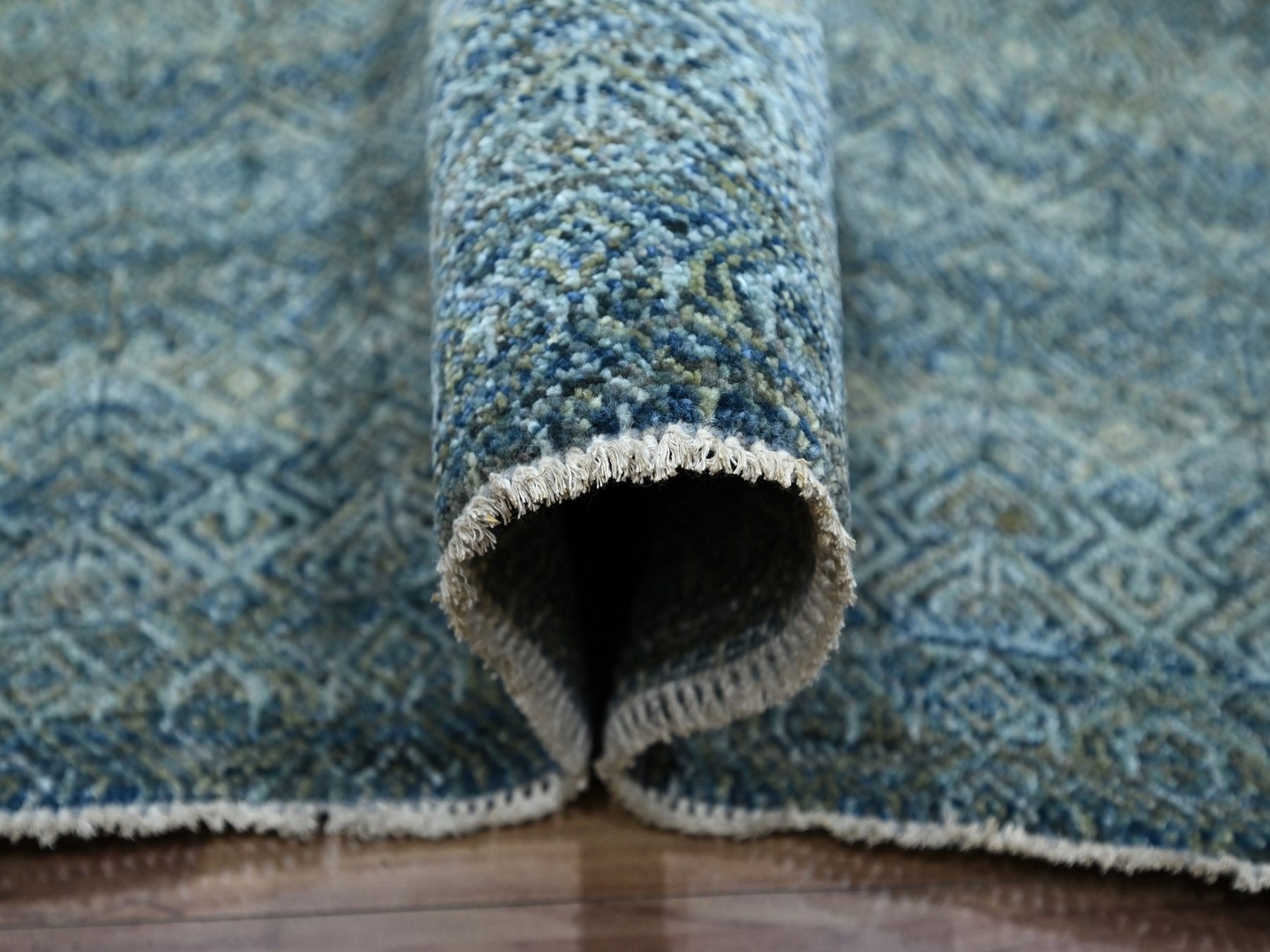 9'1"x12' Ocean Blue, Kohinoor Herat Pattern, Small Geometric Repetitive Diamond Design, Soft Wool, Tone on Tone, Hand Knotted, Oriental Rug HR76856 - Image 5