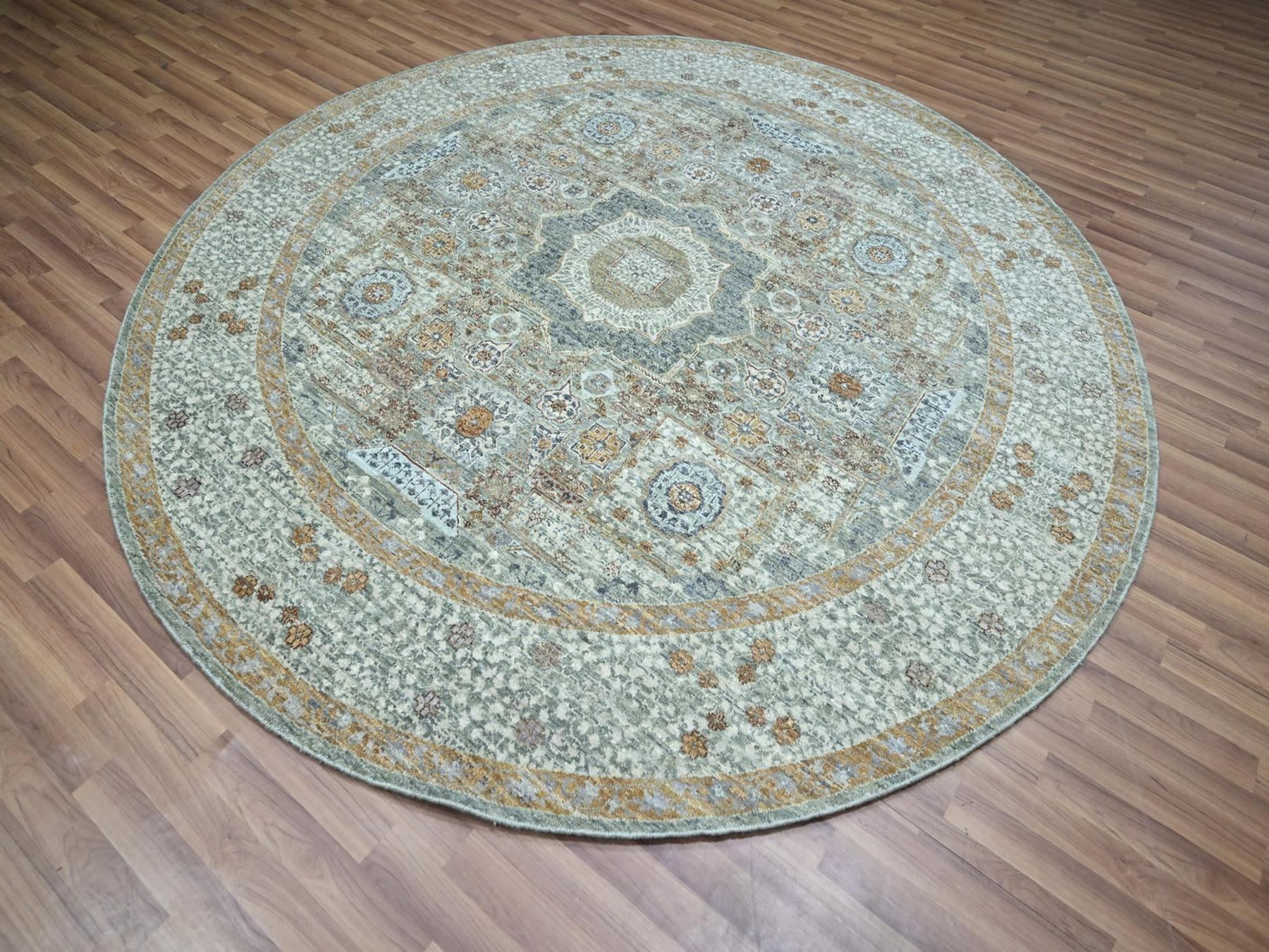 8'2"x8'2" Pistachio Green, Hand Knotted, Pre Historic 14th Century Influence, Mamluk Design, Natural Dyes, Pure Wool, Round, Oriental Rug HR76867 - Image 3