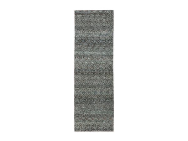 2'6"x8' Stone Gray, Tone on Tone, Kohinoor Herat Pattern, Small Geometric Repetitive Diamond Design, Soft Wool, Hand Knotted, Runner, Oriental Rug HR76875