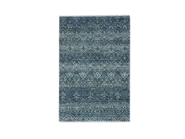 2'x3' Ocean Blue, Kohinoor Herat Pattern, Small Geometric Repetitive Diamond Design, Soft Wool, Tone on Tone, Hand Knotted, Mat, Sample, Oriental Rug HR76885