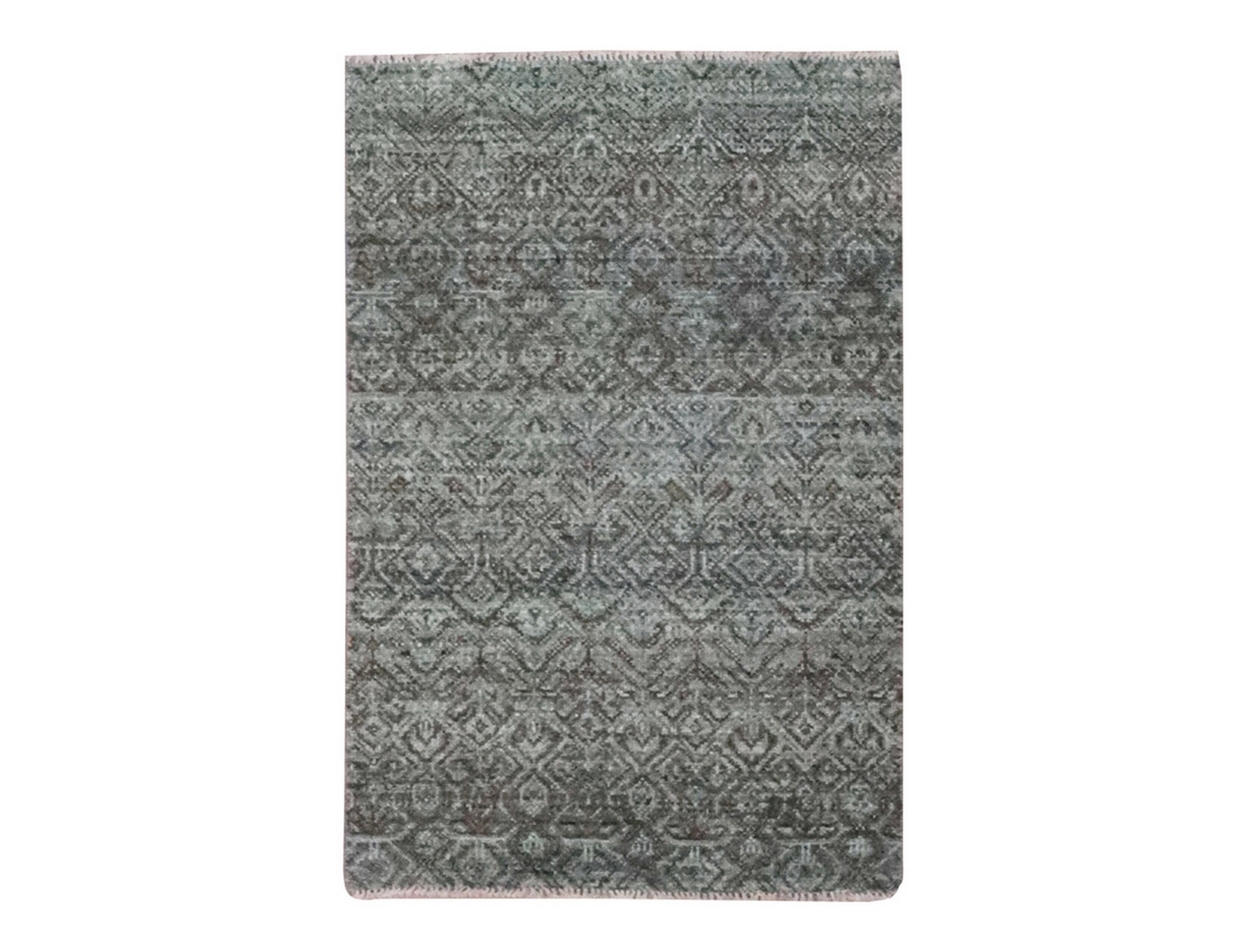 2'1"x3'1" Stone Gray, Small Geometric Repetitive Diamond Design, Soft Wool, Kohinoor Herat Pattern, Hand Knotted, Tone on Tone, Sample, Mat, Oriental Rug HR76891