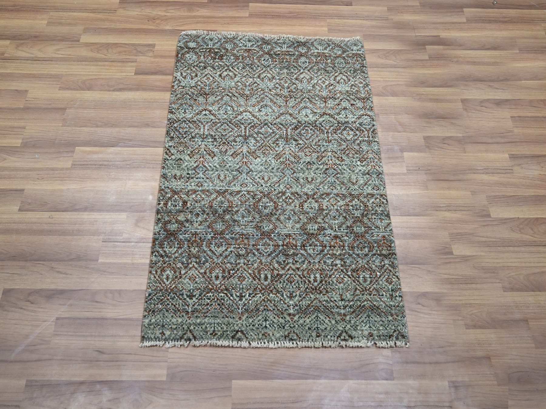 2'1"x3'1" Stone Gray, Small Geometric Repetitive Diamond Design, Soft Wool, Kohinoor Herat Pattern, Hand Knotted, Tone on Tone, Sample, Mat, Oriental Rug HR76891 - Image 2