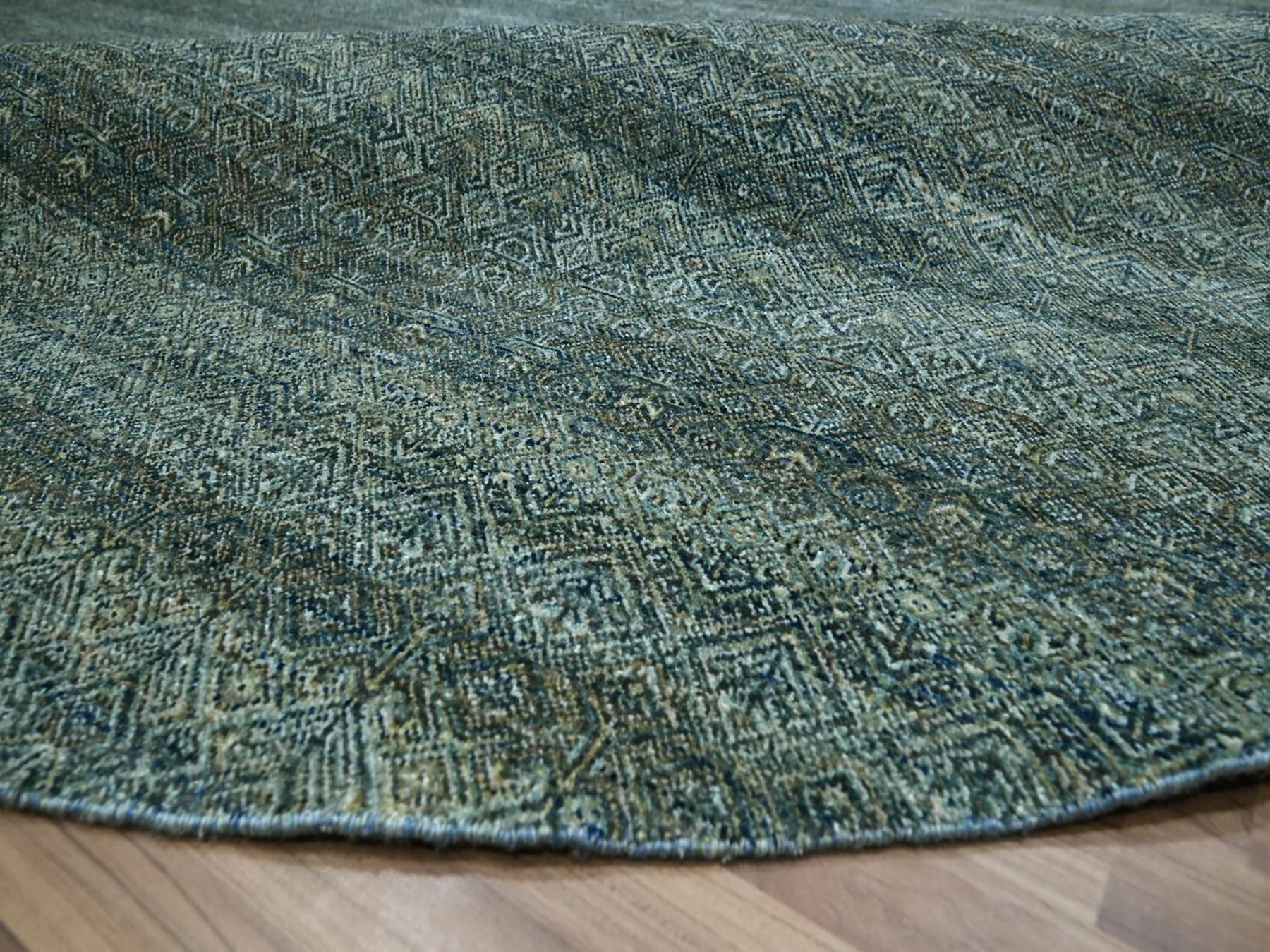 12'x12' Ocean Blue, Hand Knotted, Small Geometric Repetitive Diamond Design, Kohinoor Herat Pattern, Tone on Tone, Soft Wool, Round, Oriental Rug HR76905 - Image 6