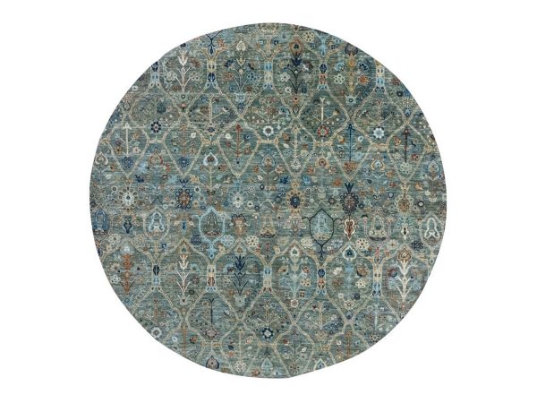 8'x8' Viridian Green, Hand Knotted, Trellis Borderless Garden Design, Agra, Hand Spun New Zealand Wool, Round, Oriental Rug HR76913