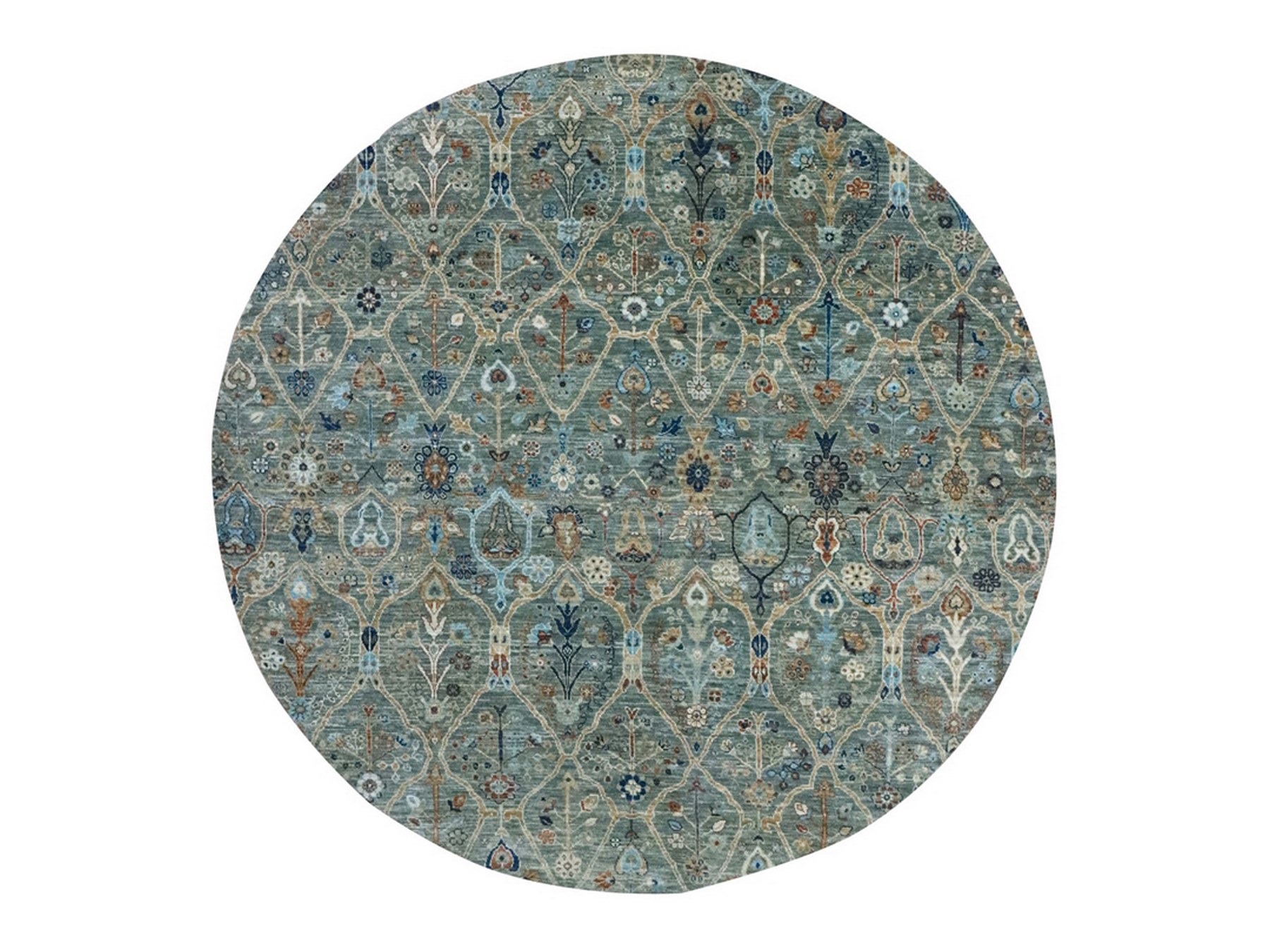 8'x8' Viridian Green, Hand Knotted, Trellis Borderless Garden Design, Agra, Hand Spun New Zealand Wool, Round, Oriental Rug HR76913