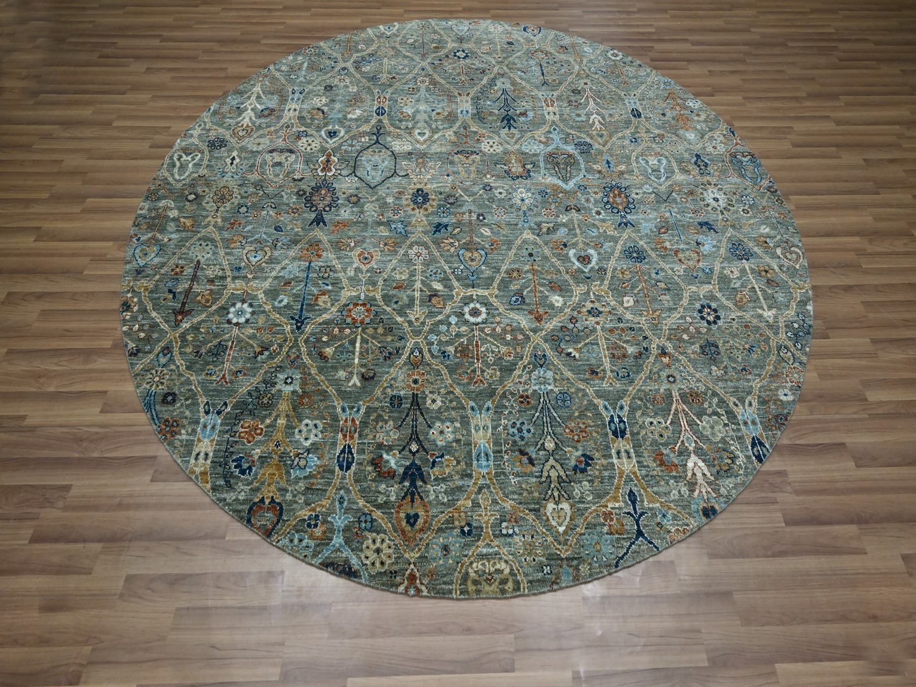 8'x8' Viridian Green, Hand Knotted, Trellis Borderless Garden Design, Agra, Hand Spun New Zealand Wool, Round, Oriental Rug HR76913 - Image 2