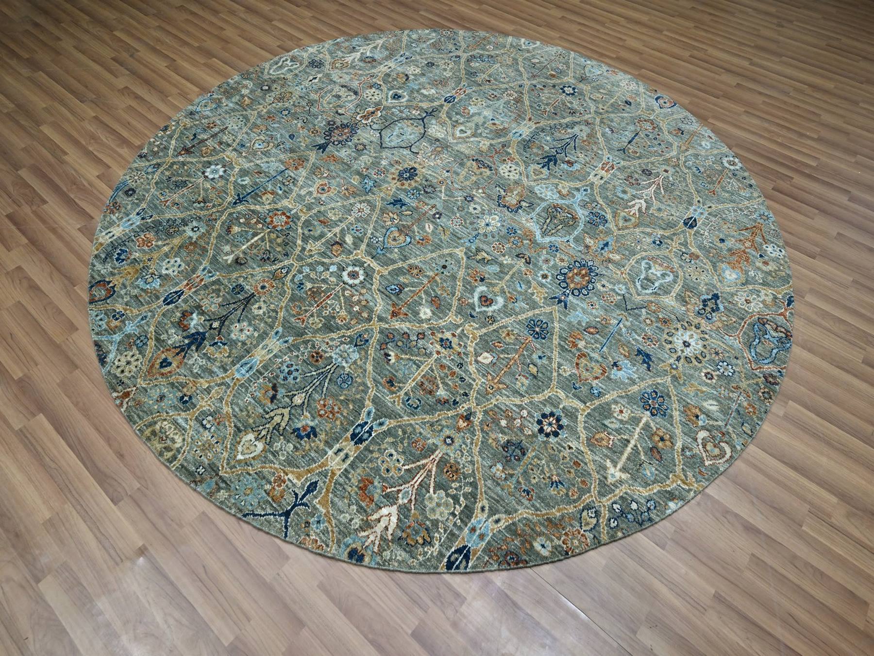 8'x8' Viridian Green, Hand Knotted, Trellis Borderless Garden Design, Agra, Hand Spun New Zealand Wool, Round, Oriental Rug HR76913 - Image 3