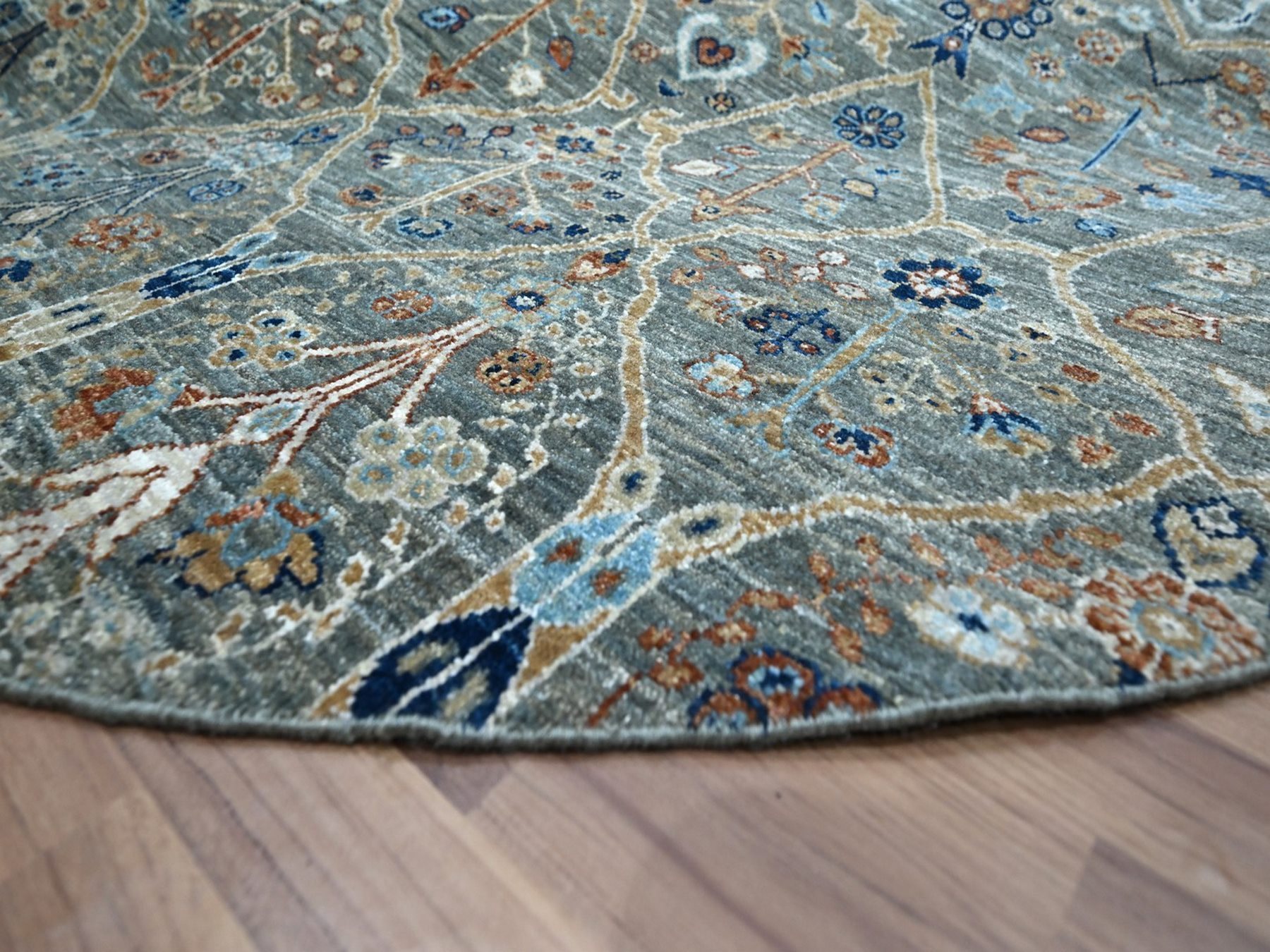 8'x8' Viridian Green, Hand Knotted, Trellis Borderless Garden Design, Agra, Hand Spun New Zealand Wool, Round, Oriental Rug HR76913 - Image 6