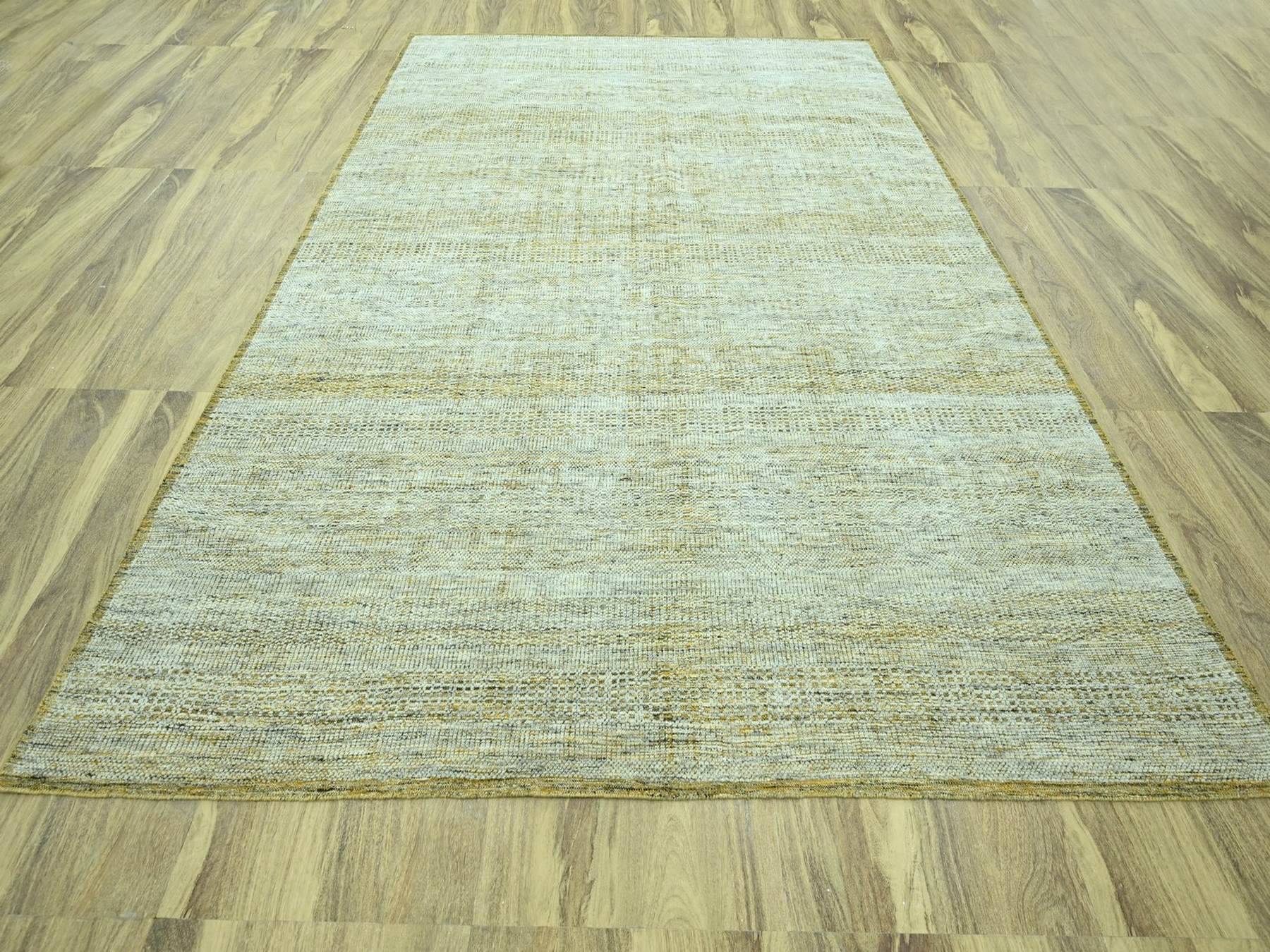 9'2"x12' Golden Yellow with Ivory, Hand Knotted, 100% Wool, Oxidized and Distressed Grass Design with Exposed Warps, Oriental Rug HR76929 - Image 2