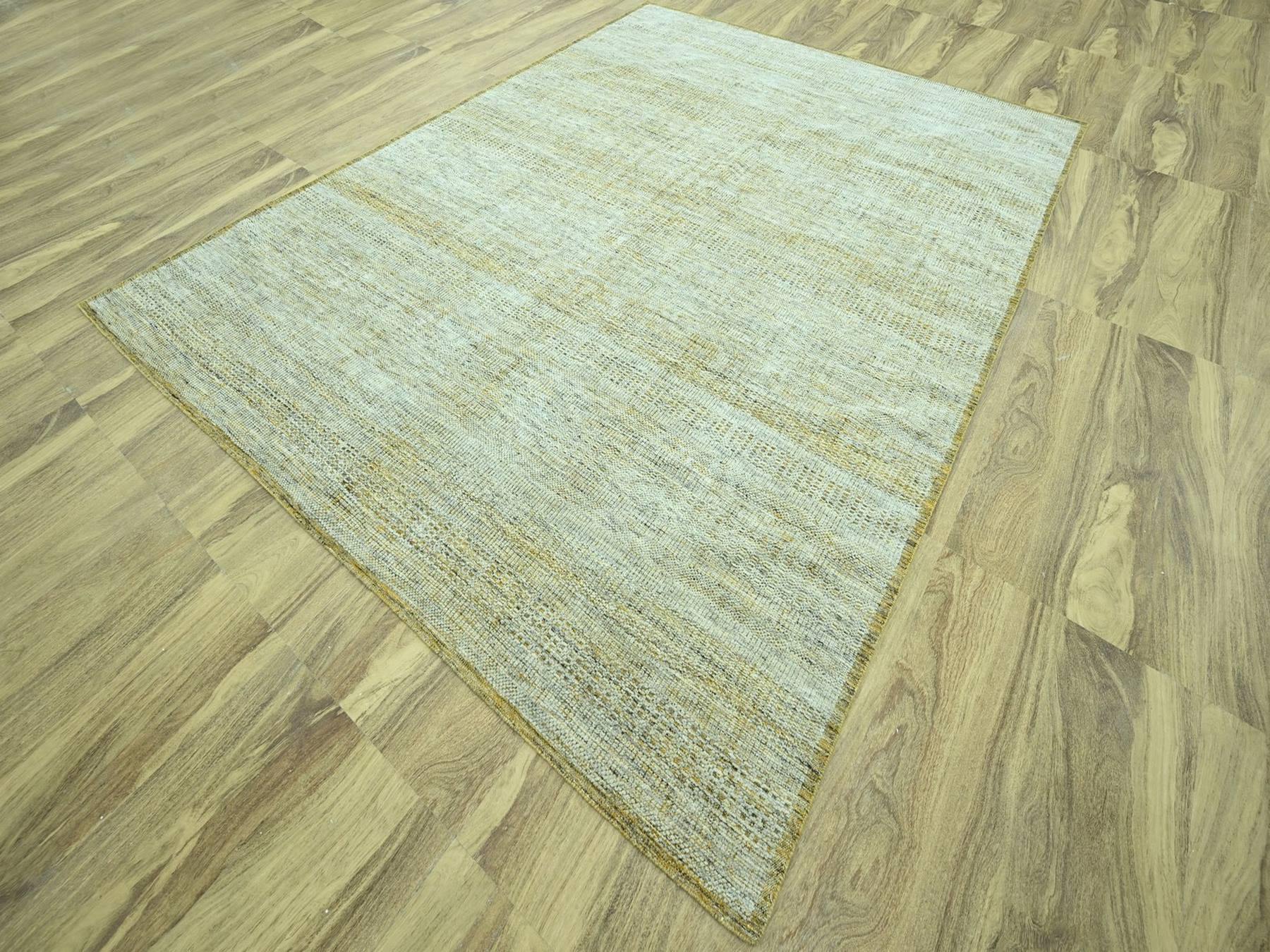 9'2"x12' Golden Yellow with Ivory, Hand Knotted, 100% Wool, Oxidized and Distressed Grass Design with Exposed Warps, Oriental Rug HR76929 - Image 3