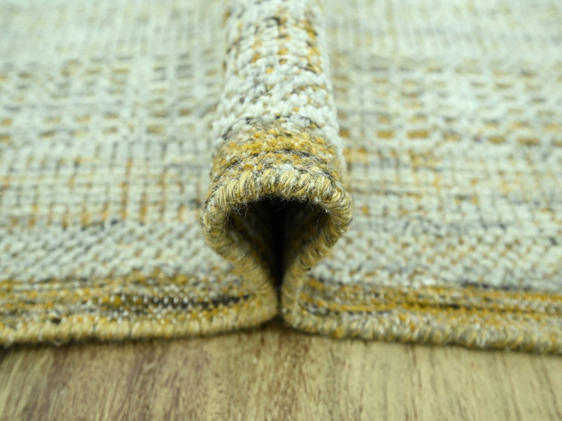 9'2"x12' Golden Yellow with Ivory, Hand Knotted, 100% Wool, Oxidized and Distressed Grass Design with Exposed Warps, Oriental Rug HR76929 - Image 5