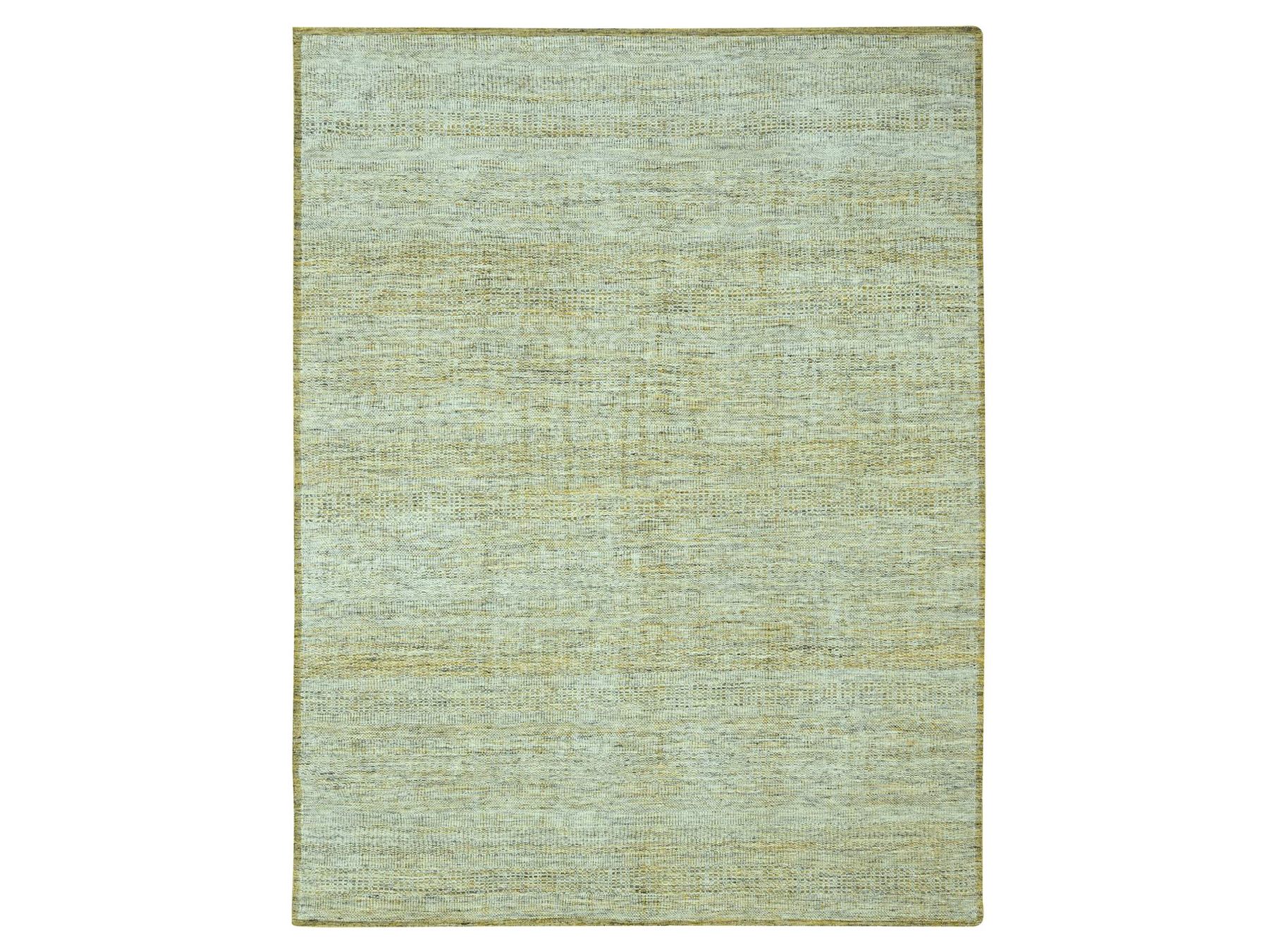 10'x14' Golden Yellow with Ivory, Oxidized and Distressed Grass Design with Exposed Warps, Hand Knotted, Pure Wool, Oriental Rug HR76930