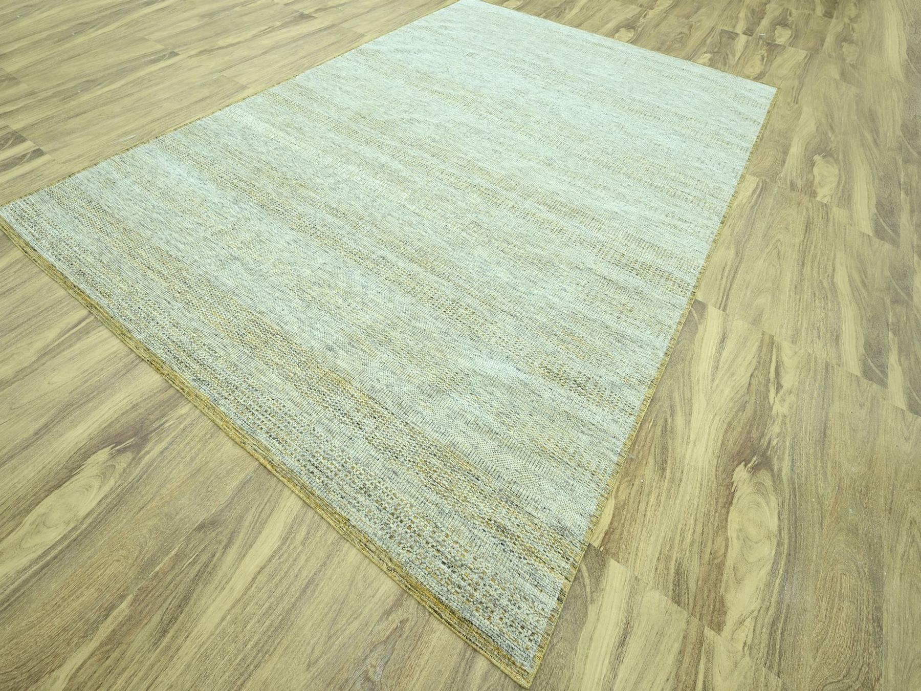 10'x14' Golden Yellow with Ivory, Oxidized and Distressed Grass Design with Exposed Warps, Hand Knotted, Pure Wool, Oriental Rug HR76930 - Image 3