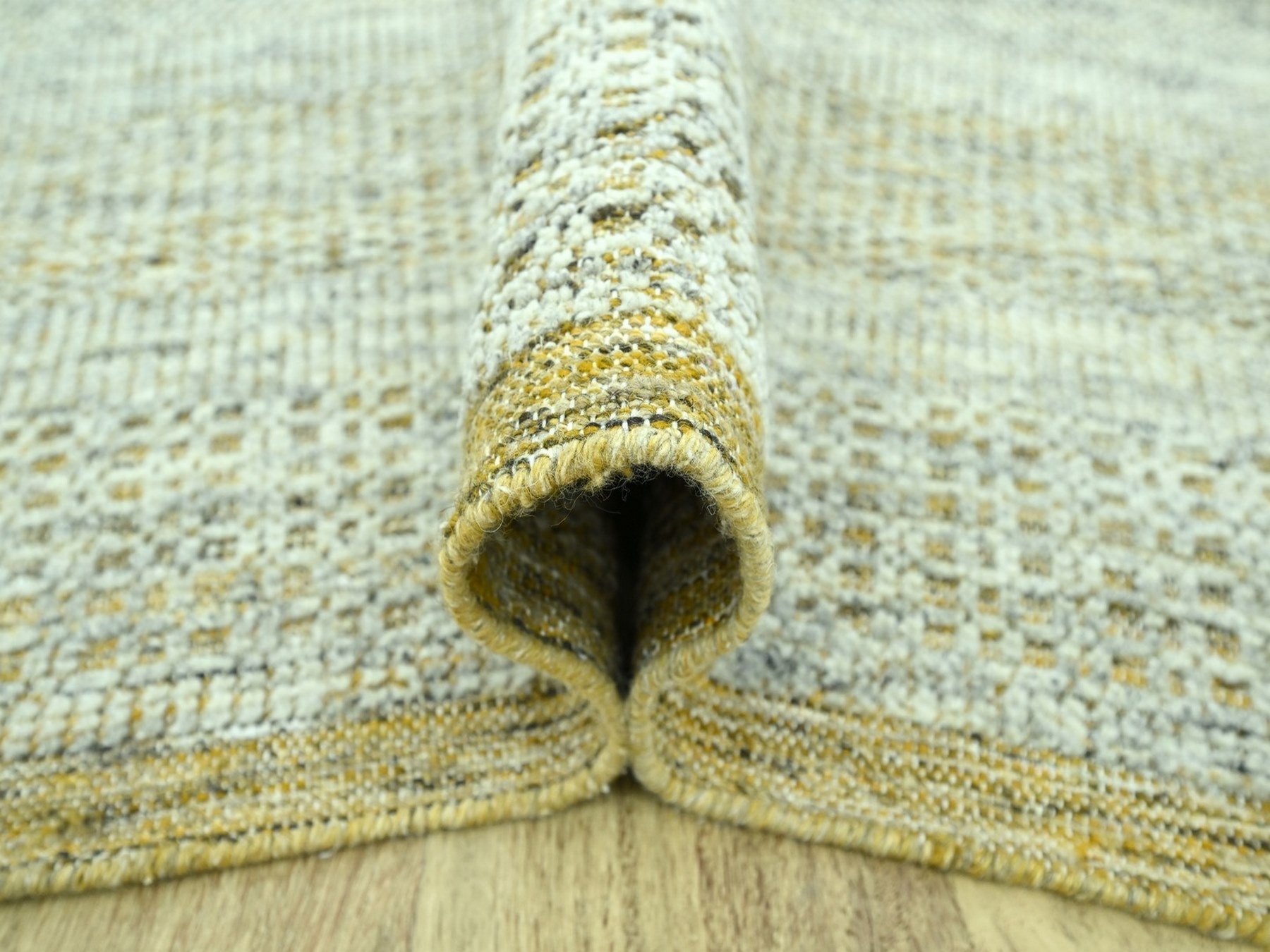 10'x14' Golden Yellow with Ivory, Oxidized and Distressed Grass Design with Exposed Warps, Hand Knotted, Pure Wool, Oriental Rug HR76930 - Image 5