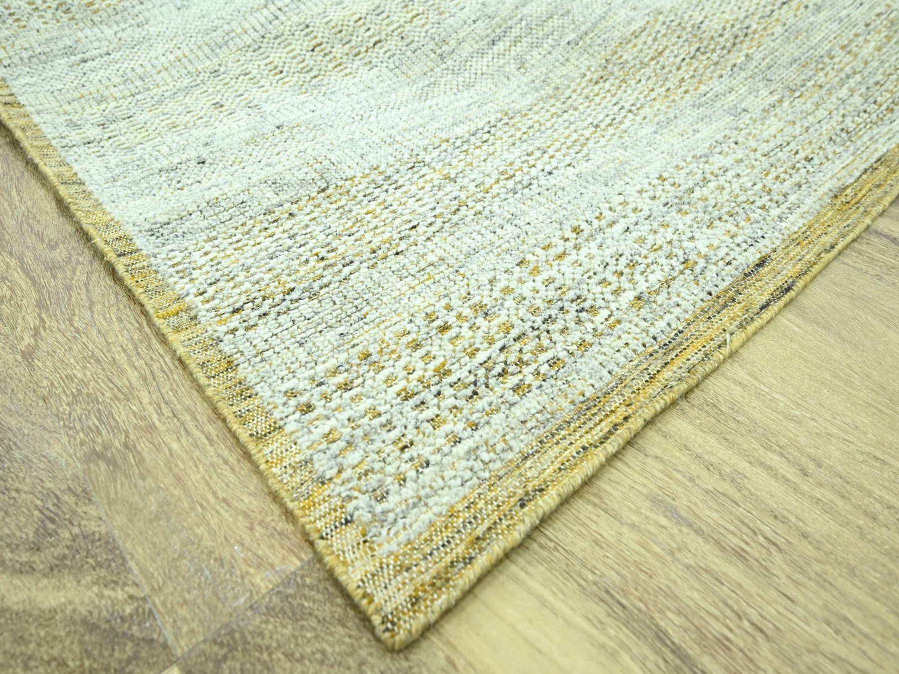 10'x14' Golden Yellow with Ivory, Oxidized and Distressed Grass Design with Exposed Warps, Hand Knotted, Pure Wool, Oriental Rug HR76930 - Image 6