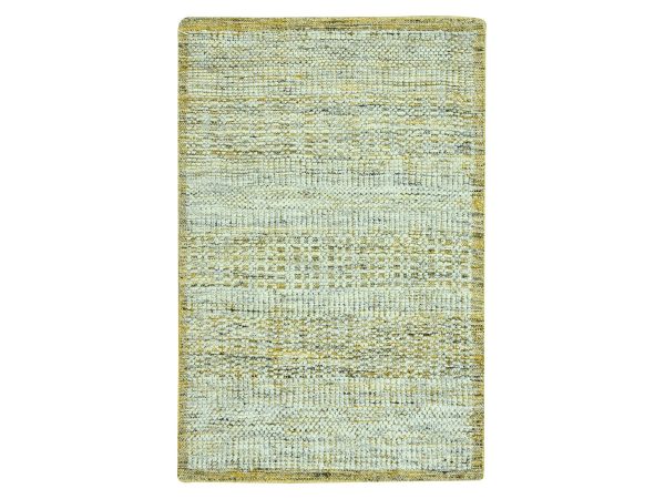 2'x3' Golden Yellow, Oxidized and Distressed Grass Design with Exposed Warps, 100% Wool, Hand Knotted, Mat, Sample, Oriental Rug HR76936