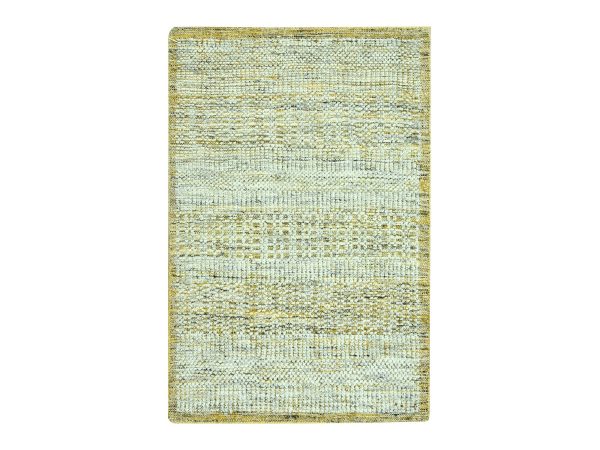 2'x3' Golden Yellow, Hand Knotted, 100% Wool, Oxidized and Distressed Grass Design with Exposed Warps, Mat, Sample, Oriental Rug HR76938