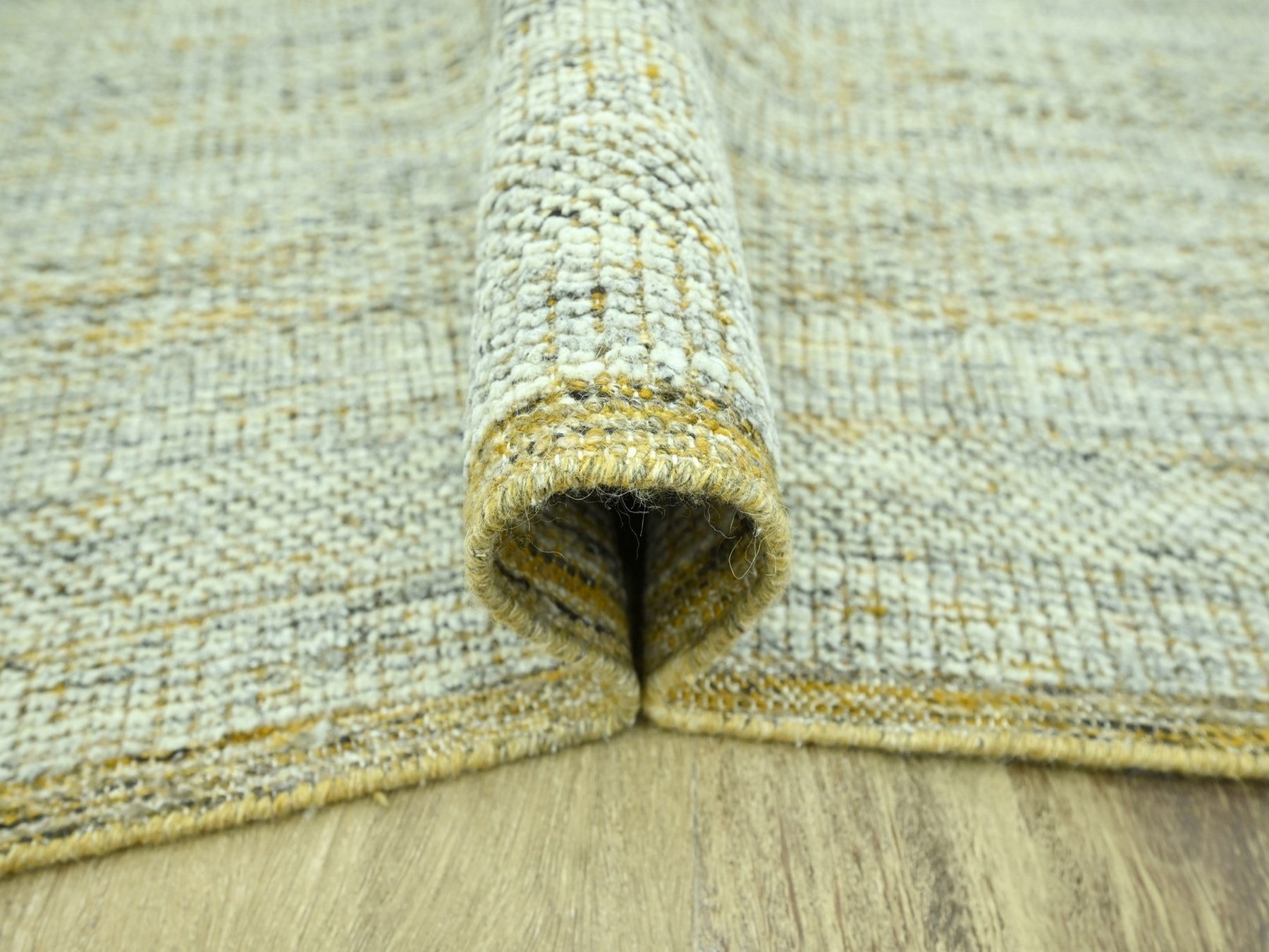 8'2"x10' Golden Yellow with Ivory, 100% Wool, Oxidized and Distressed Grass Design with Exposed Warps, Hand Knotted, Oriental Rug HR76941 - Image 5
