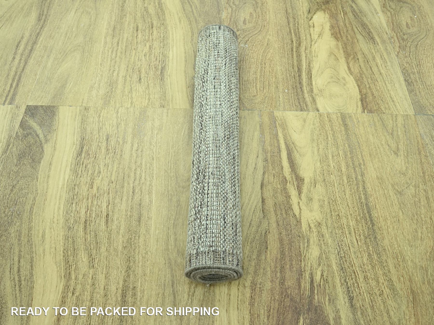2'8"x6'3" Beaver Brown, Oxidized and Distressed Grass Design with Exposed Warps, Hand Knotted, 100% Wool, Runner, Oriental Rug HR76965 - Image 5