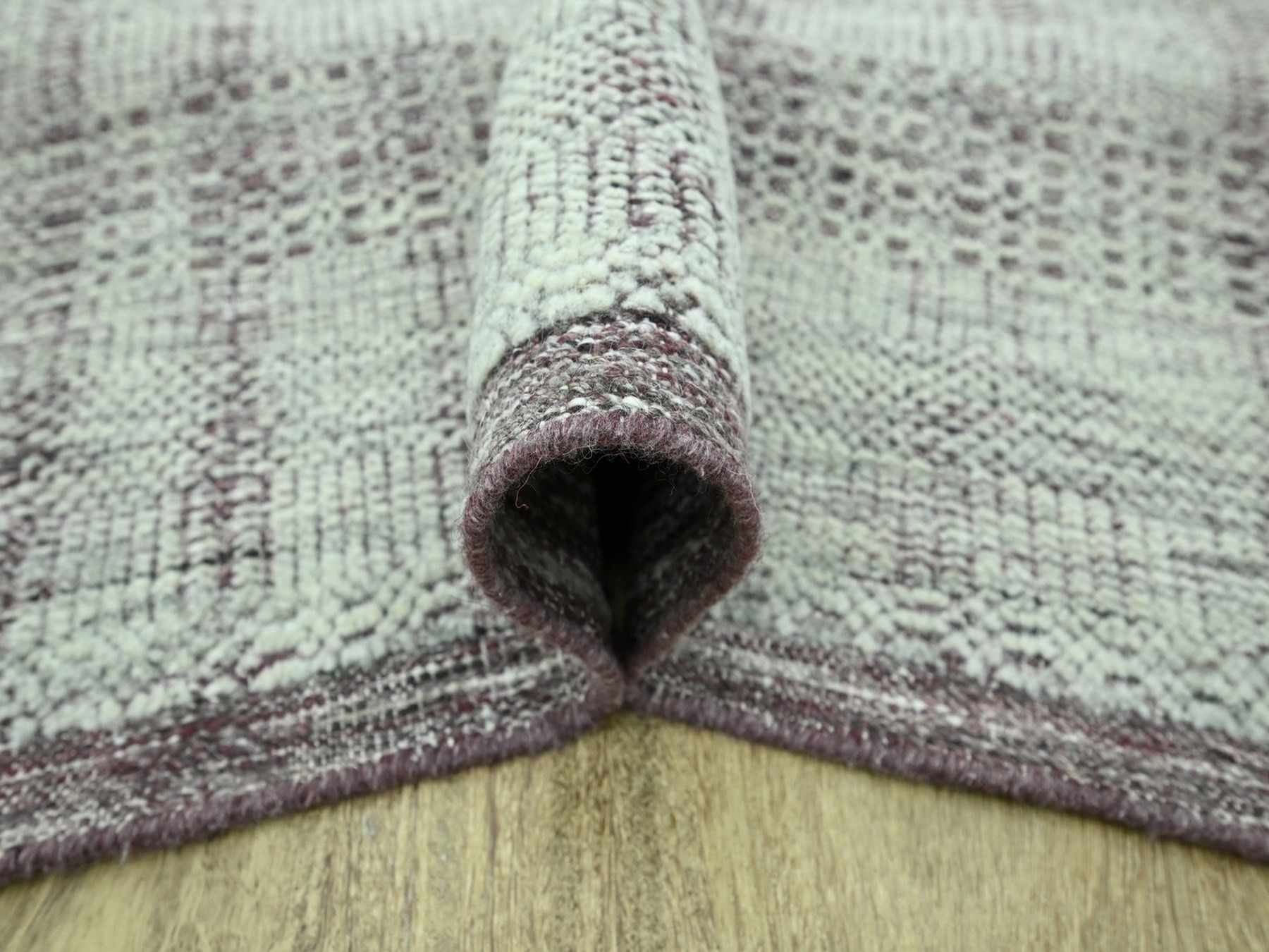 8'10"x11'10" Wine Red with Ivory, 100% Wool, Hand Knotted, Oxidized and Distressed Grass Design with Exposed Warps, Oriental Rug HR76982 - Image 5