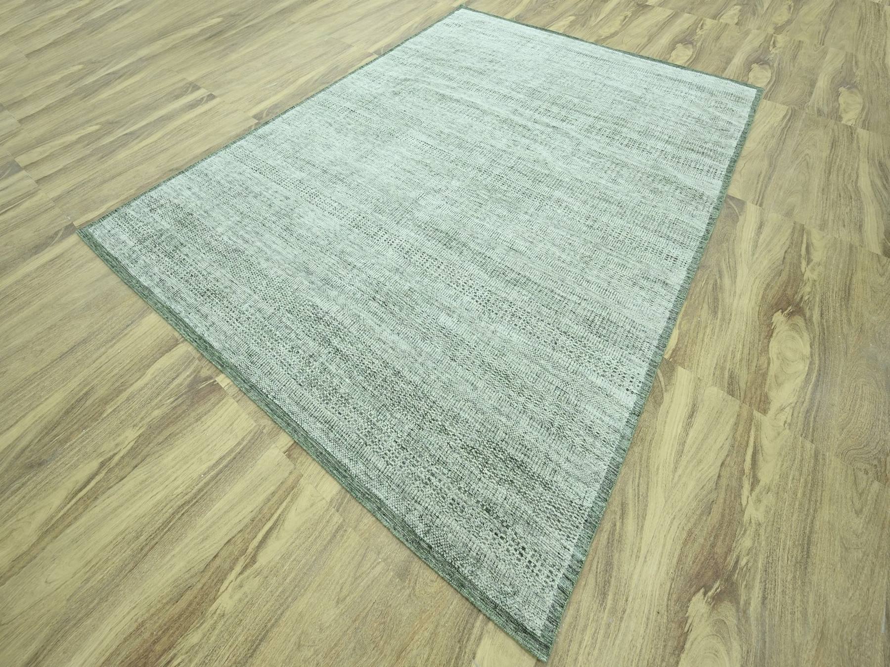 9'1"x12' Basil Green with Ivory, Hand Knotted, Oxidized and Distressed Grass Design with Exposed Warps, 100% Wool, Oriental Rug HR76984 - Image 3