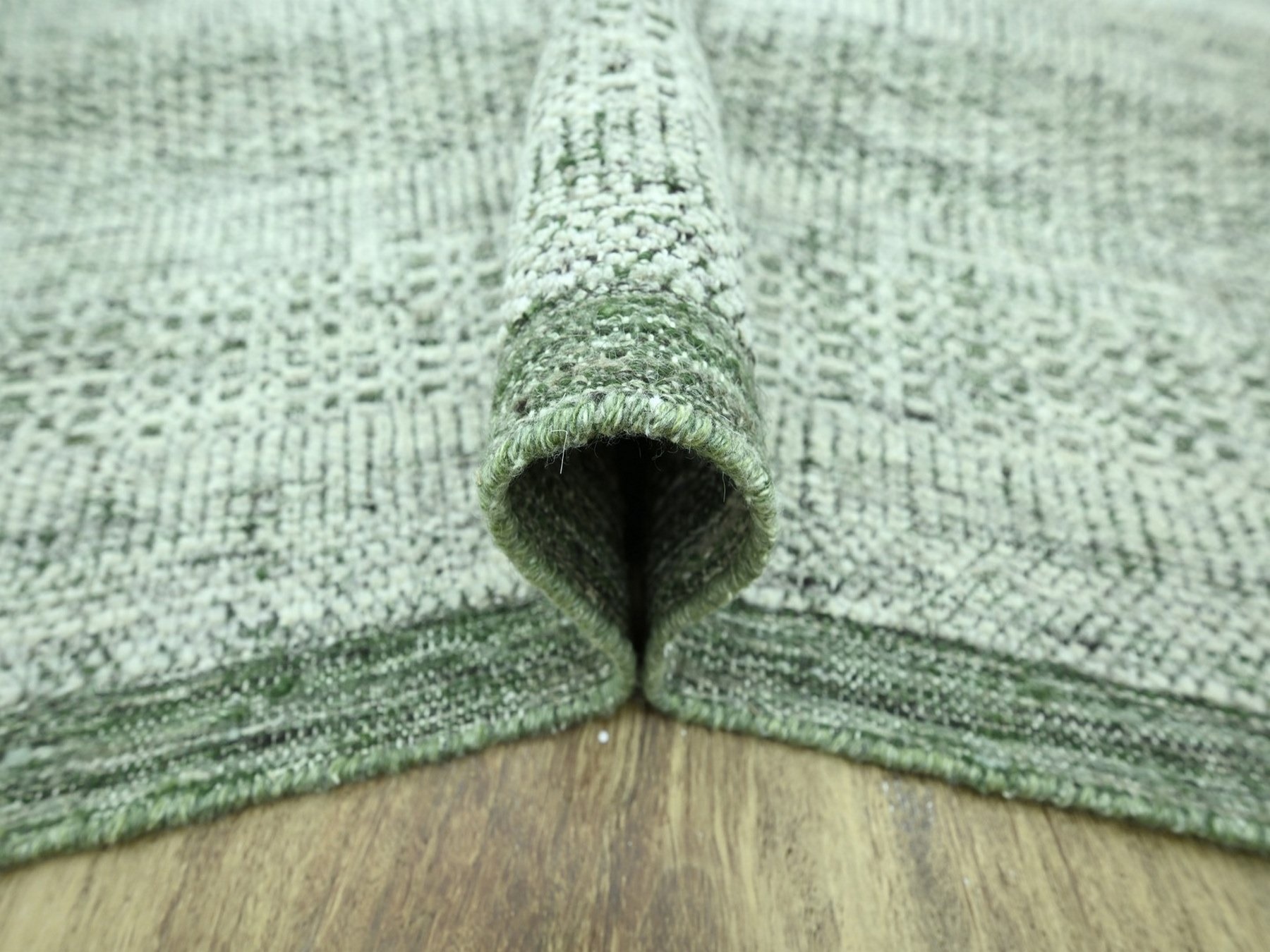 9'1"x12' Basil Green with Ivory, Hand Knotted, Oxidized and Distressed Grass Design with Exposed Warps, 100% Wool, Oriental Rug HR76984 - Image 5