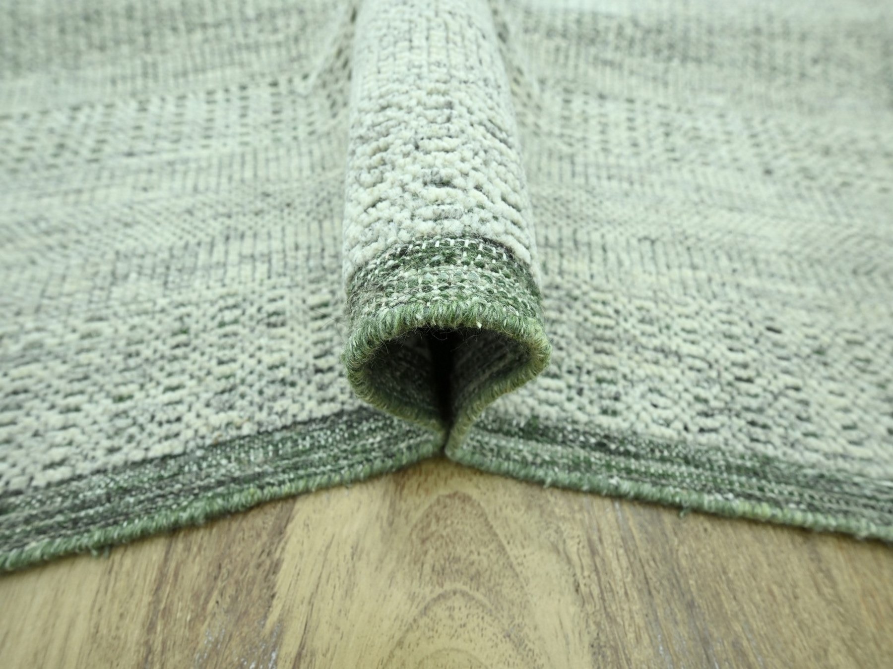 8'10"x12'2" Basil Green with Ivory, Hand Knotted, Oxidized and Distressed Grass Design with Exposed Warps, 100% Wool, Oriental Rug HR76986 - Image 5