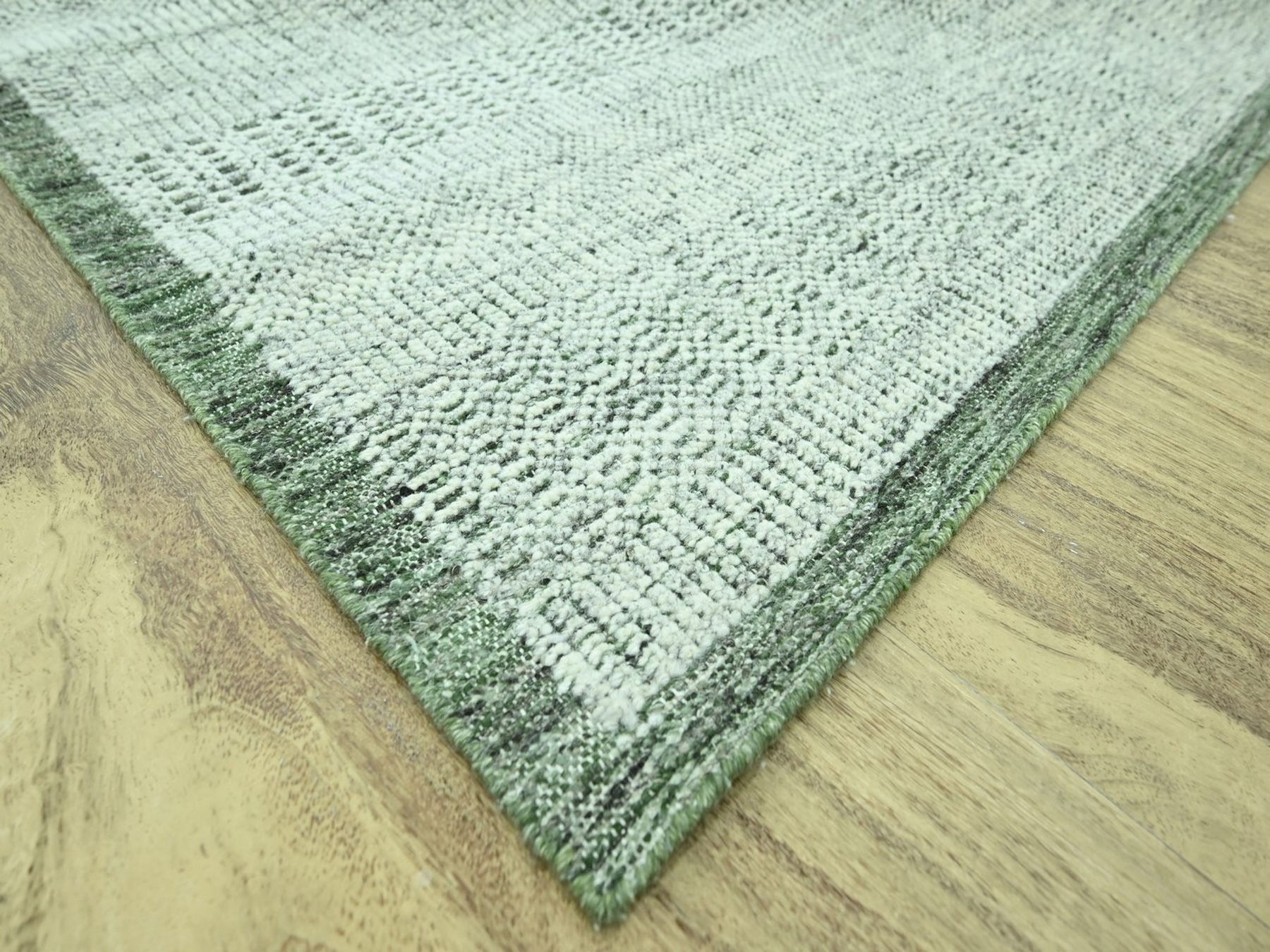 8'x10'2" Basil Green with Ivory, Oxidized and Distressed Grass Design with Exposed Warps, 100% Wool, Hand Knotted, Oriental Rug HR76987 - Image 6
