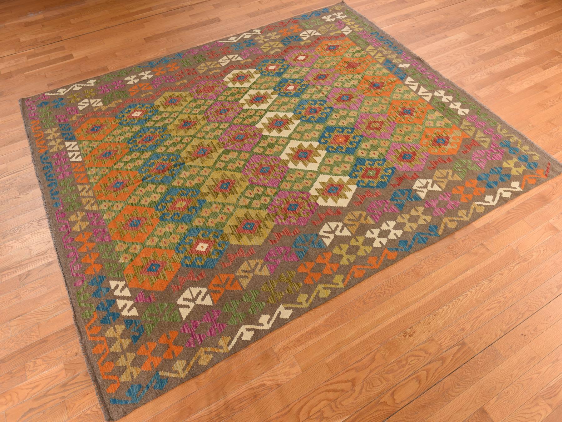 8'2"x9'6" Peanut Brown, Afghan Kilim with Colorful All Over Geometric Pattern, Pure Wool, Vegetable Dyes, Flat Weave, Hand Woven, Reversible, Oriental Rug HR78343 - Image 3