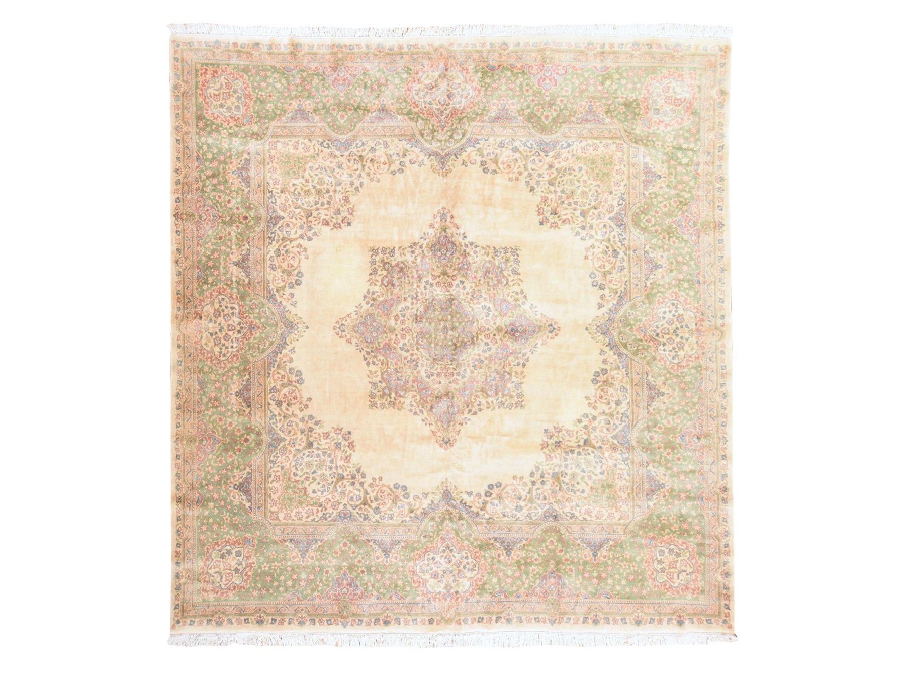 12'x12' Bone White, Vintage Persian Kirman, Large Square, Thick and Plush, Mint Condition, Clean, 100% Wool Pile, Hand Knotted, Oriental Rug HR78568