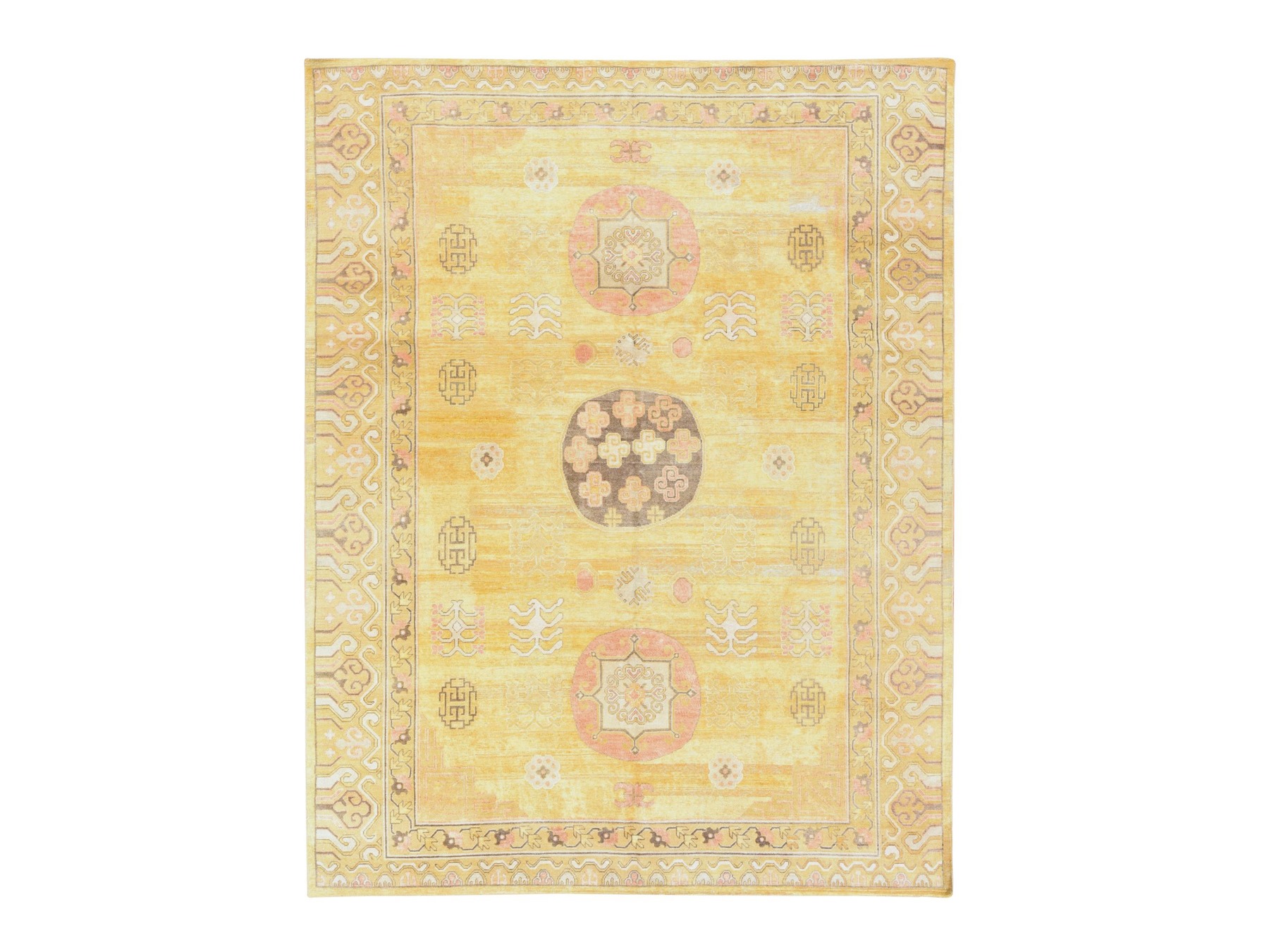8'x10'3" Golden Yellow, Pure Silk with Khotan Medallion Design, Shaved Low and Distressed, Hand Knotted, Oriental Rug HR78575