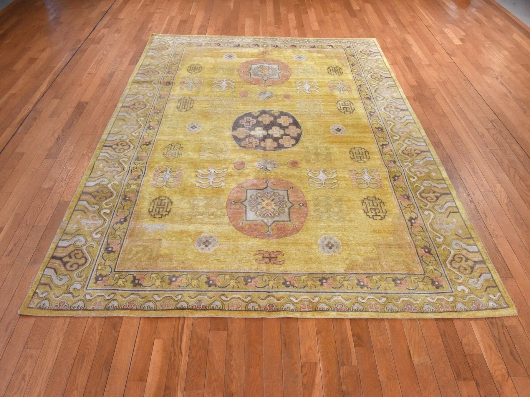 8'x10'3" Golden Yellow, Pure Silk with Khotan Medallion Design, Shaved Low and Distressed, Hand Knotted, Oriental Rug HR78575 - Image 2