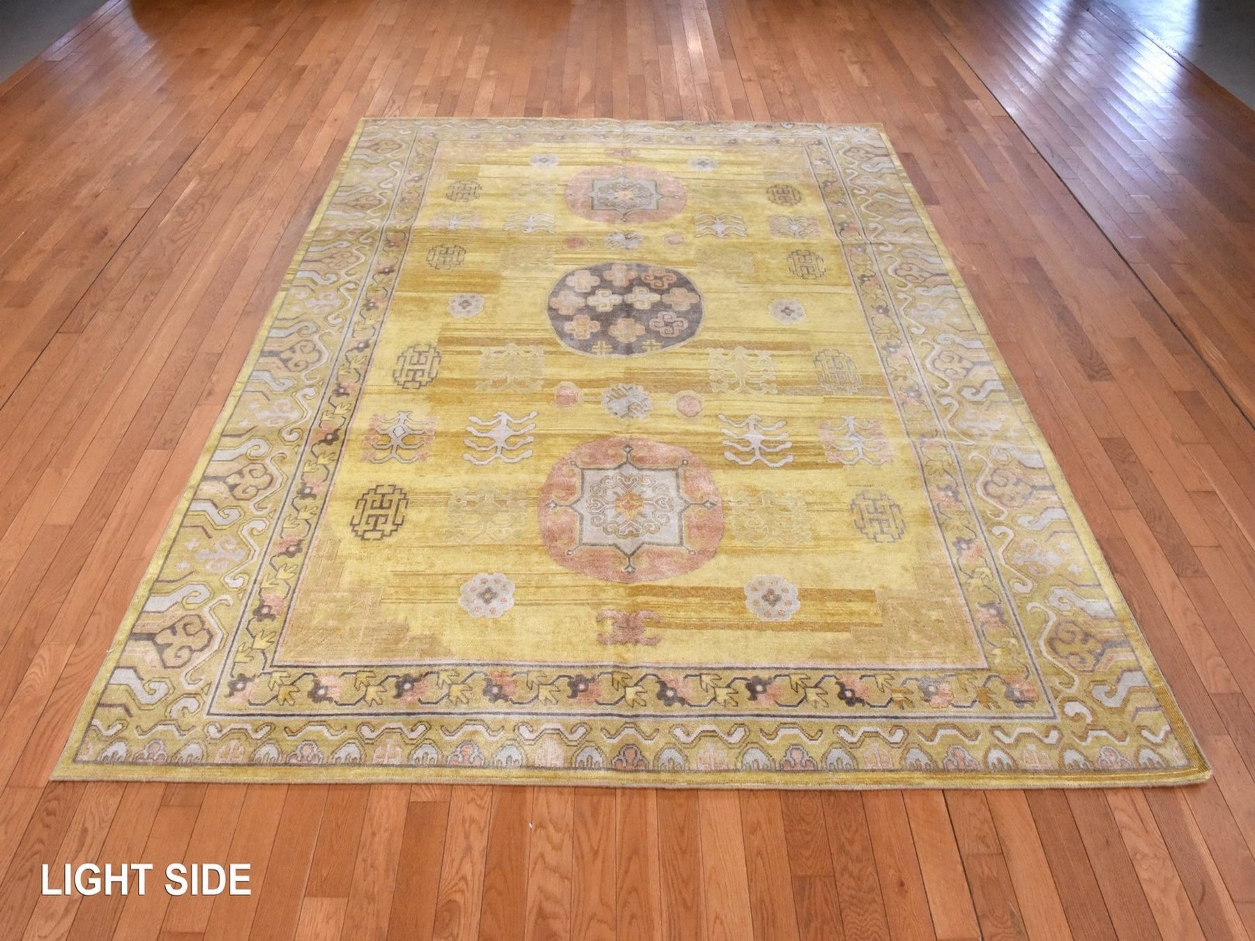 8'x10'3" Golden Yellow, Pure Silk with Khotan Medallion Design, Shaved Low and Distressed, Hand Knotted, Oriental Rug HR78575 - Image 3