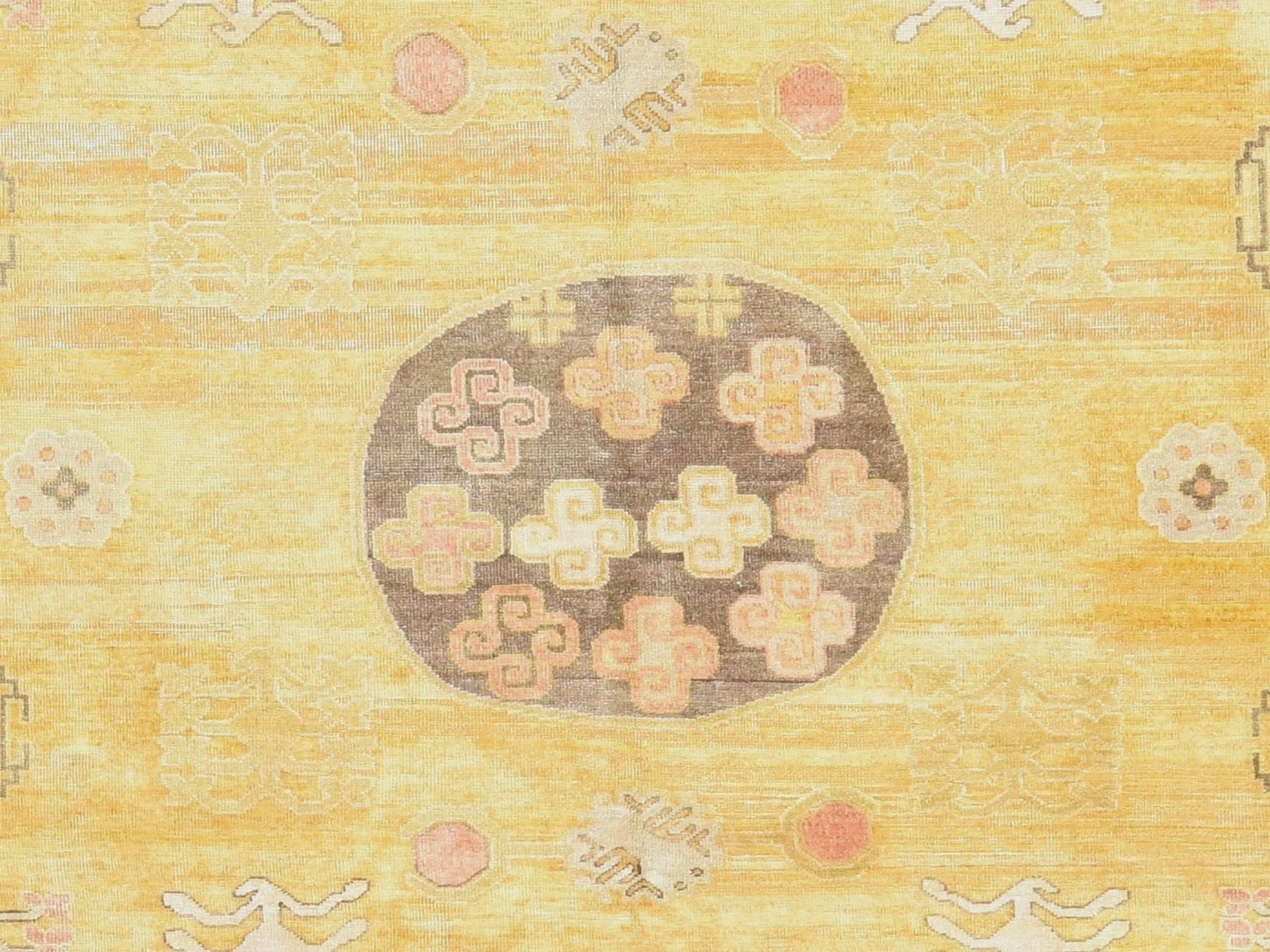 8'x10'3" Golden Yellow, Pure Silk with Khotan Medallion Design, Shaved Low and Distressed, Hand Knotted, Oriental Rug HR78575 - Image 6
