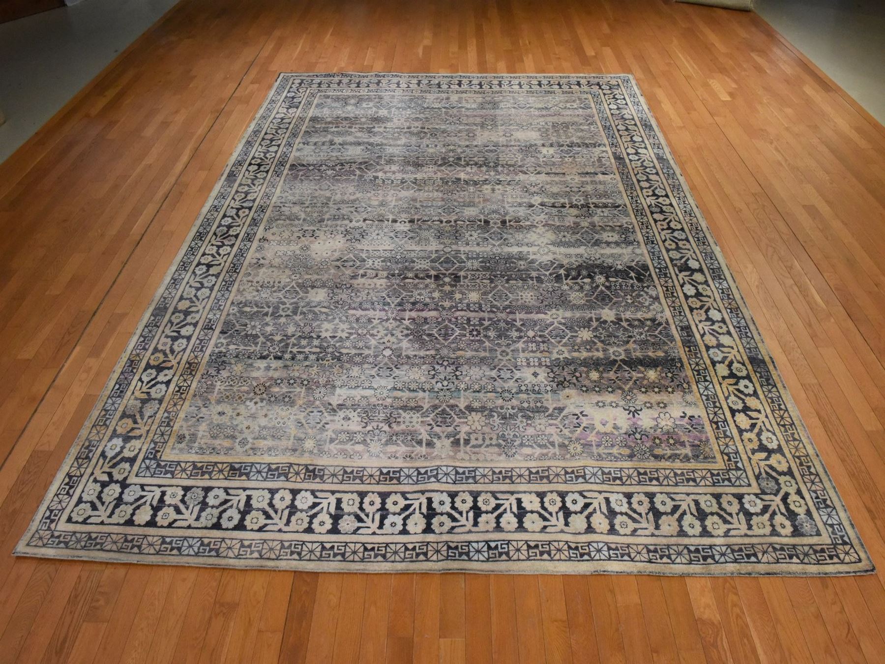9'10"x14'2" Charcoal Black and Pink, Pure Silk with Khotan All Over Design, Shaved Low and Distressed, Hand Knotted, Oriental Rug HR78577 - Image 2