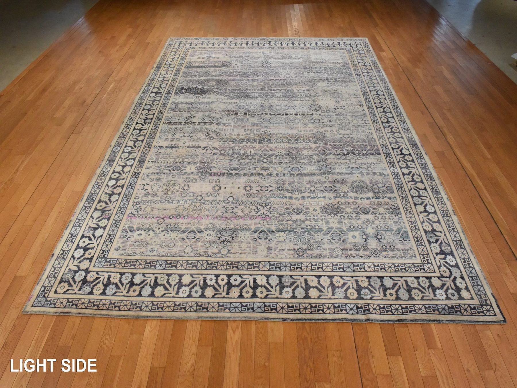 9'10"x14'2" Charcoal Black and Pink, Pure Silk with Khotan All Over Design, Shaved Low and Distressed, Hand Knotted, Oriental Rug HR78577 - Image 3