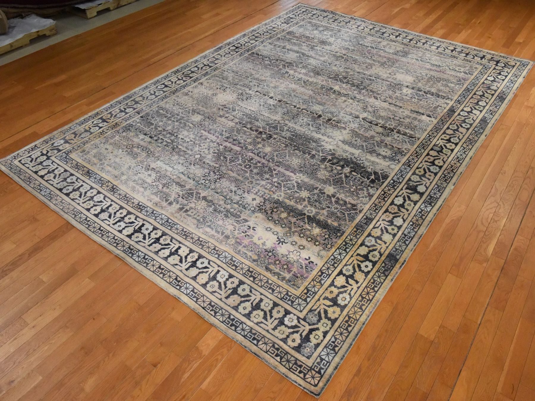 9'10"x14'2" Charcoal Black and Pink, Pure Silk with Khotan All Over Design, Shaved Low and Distressed, Hand Knotted, Oriental Rug HR78577 - Image 4