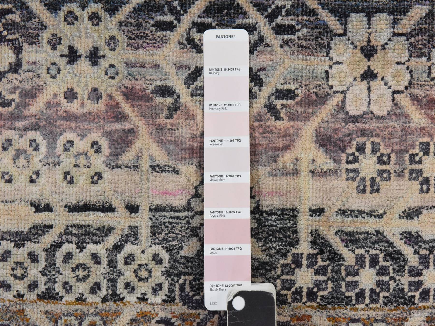 9'10"x14'2" Charcoal Black and Pink, Pure Silk with Khotan All Over Design, Shaved Low and Distressed, Hand Knotted, Oriental Rug HR78577 - Image 6