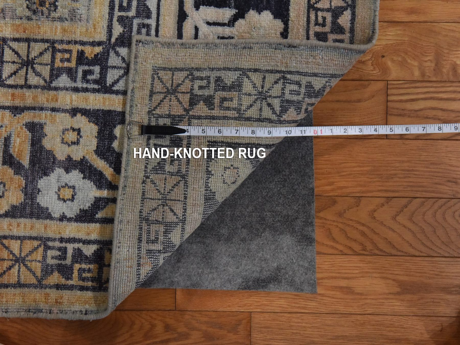 9'10"x14'2" Charcoal Black and Pink, Pure Silk with Khotan All Over Design, Shaved Low and Distressed, Hand Knotted, Oriental Rug HR78577 - Image 7