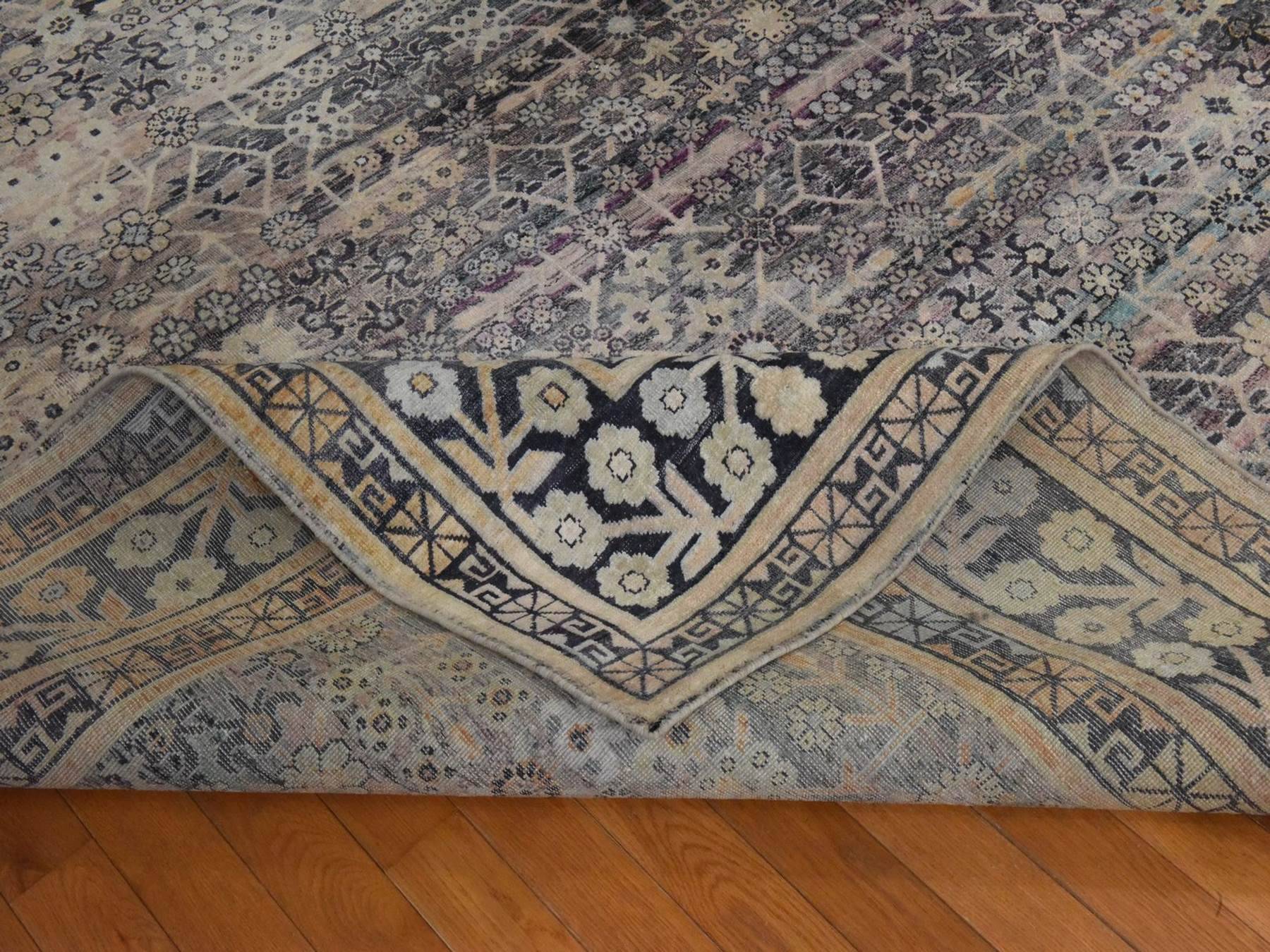 9'10"x14'2" Charcoal Black and Pink, Pure Silk with Khotan All Over Design, Shaved Low and Distressed, Hand Knotted, Oriental Rug HR78577 - Image 8