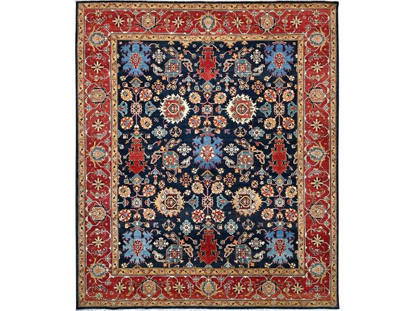8'2"x9'8" Night Sky Blue, Organic Wool, Vegetable Dyes and Dense Weave, Afghan Serapi Heriz, Hand Knotted, Oriental Rug HR86200