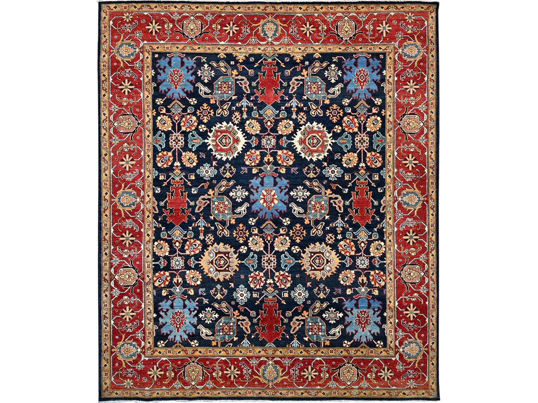 8'2"x9'8" Night Sky Blue, Organic Wool, Vegetable Dyes and Dense Weave, Afghan Serapi Heriz, Hand Knotted, Oriental Rug HR86200
